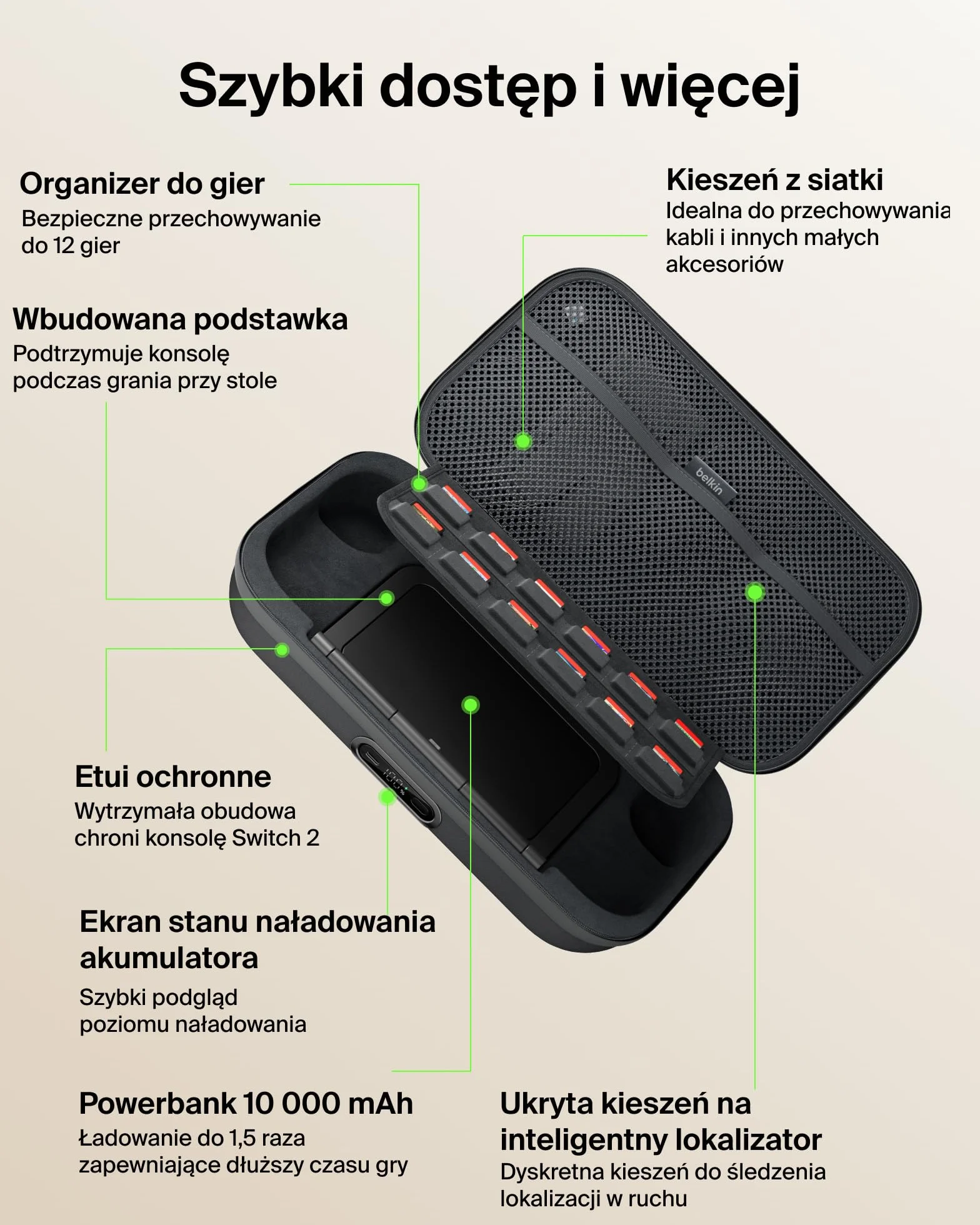 Belkin Gaming Etui Ładujące Pro do Nintendo Switch 2 z Powerbankiem 10 000 mAh, Torba Podróżna z Uchwytem na AirTag, Miejsce na 12 Kart z Grami, Ładowanie w Etui, Twarda Obudowa – Antracytowe