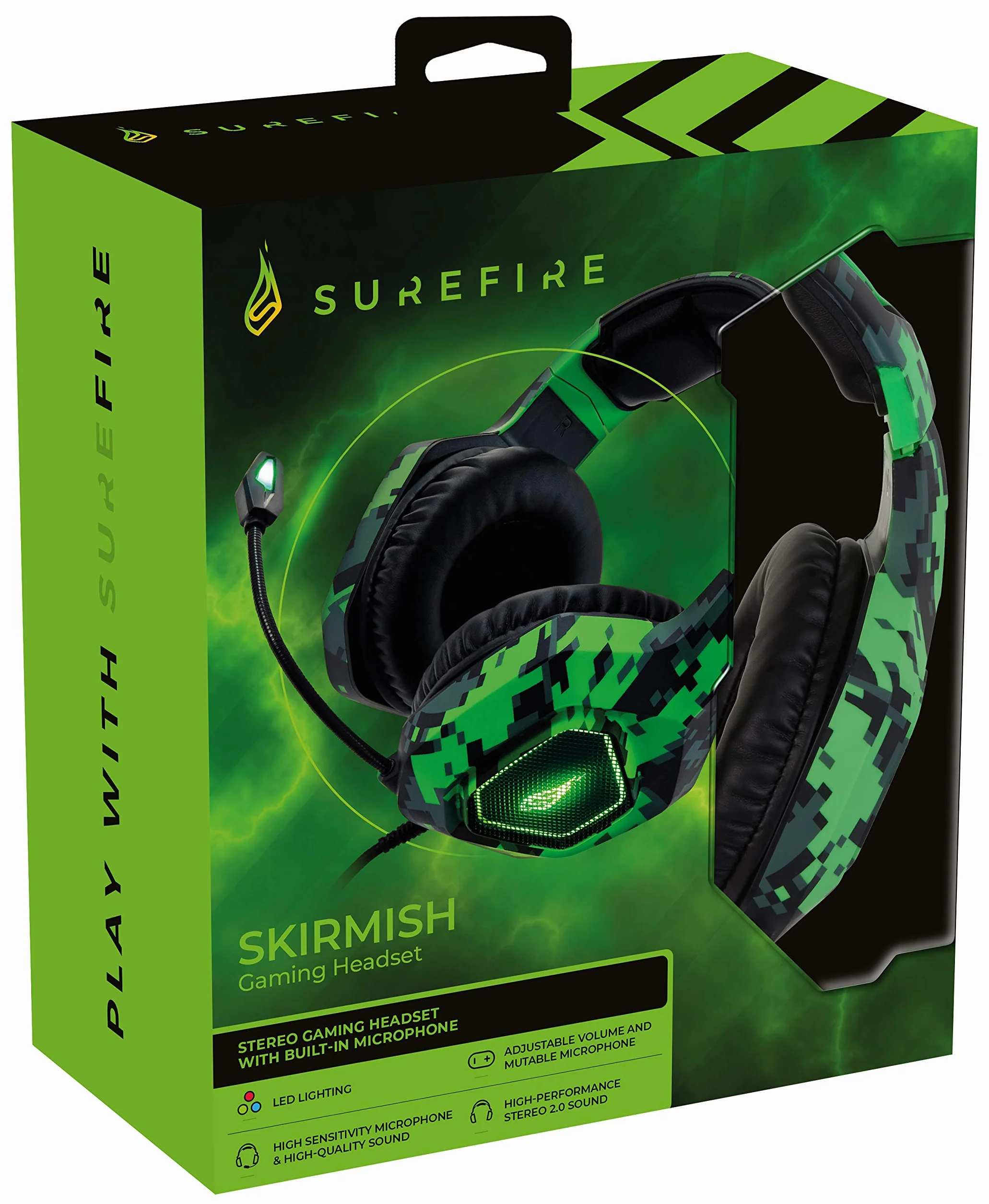 SureFire Skirmish Zestaw Słuchawkowy dla Graczy, do Komputera, PlayStation & Xbox, Słuchawki Gamingowe, 390 g, z Dźwiękiem Stereo 2.0 i Oświetleniem LED