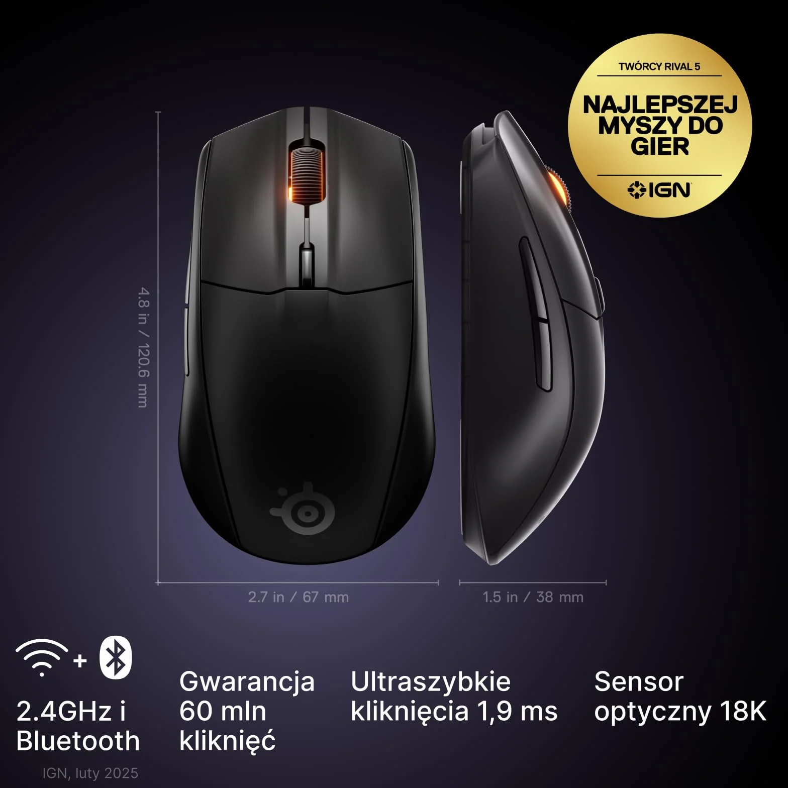SteelSeries mysz do gier Rival 3 Wireless Gen 2 – 2,4 GHz i Bluetooth – Sensor optyczny TrueMove Air 18 000 DPI – Wytrzymała do 60 milionów kliknięć – Niska waga – Ślizgacze 100% PTFE - Czarna