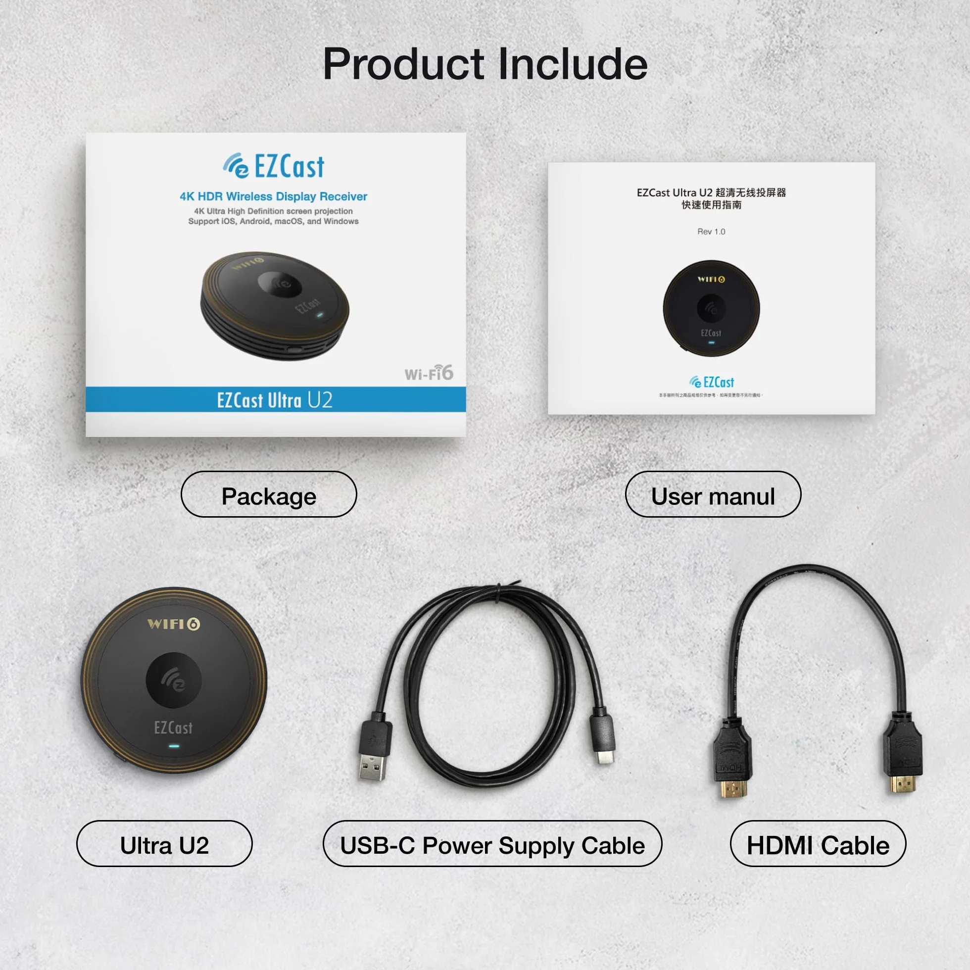 EZCast Ultra U2 4K/60Hz bezprzewodowy adapter wyświetlacza Wi-Fi 6 HDR do systemów Windows, MacOS, Android i iOS, obsługuje DLNA, Airplay, Miracast i Peer-to-Peer, lustro ekranu i rozszerzenie do