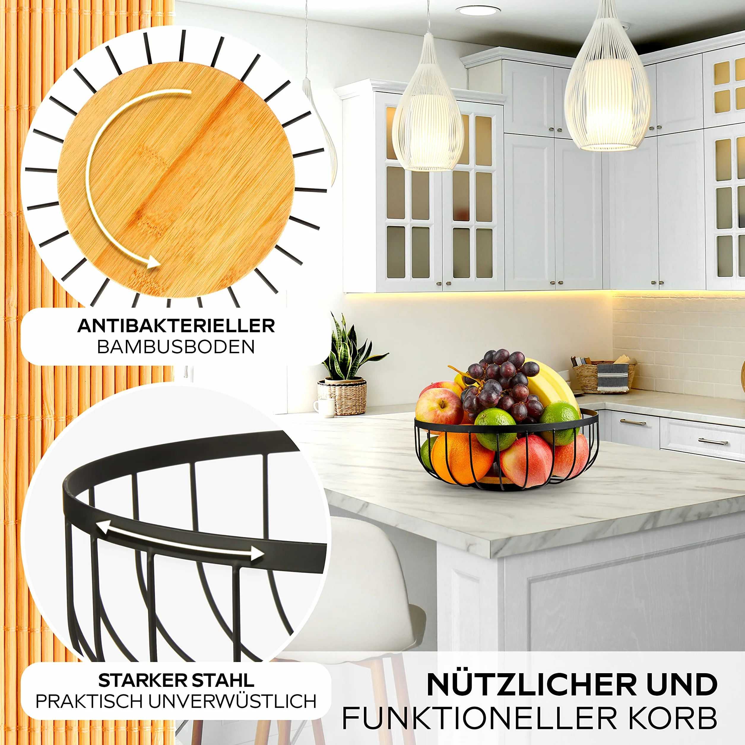 HIKITCHEN® Kosz na owoce - Dekoracyjna miska z metalu i bambusa - Kosz na owoce do kuchni i domu - Kosz na owoce, kosz na bułki (Czarny)