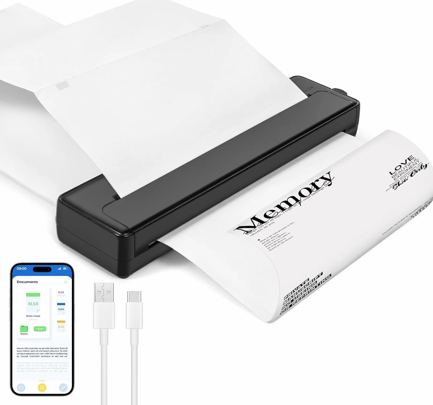 Drukarka termiczna A4, przenośna drukarka, kompaktowa drukarka termiczna bezatramentowa, kompatybilna z Bluetooth ze smartfonem, USB i tabletem/Mac
