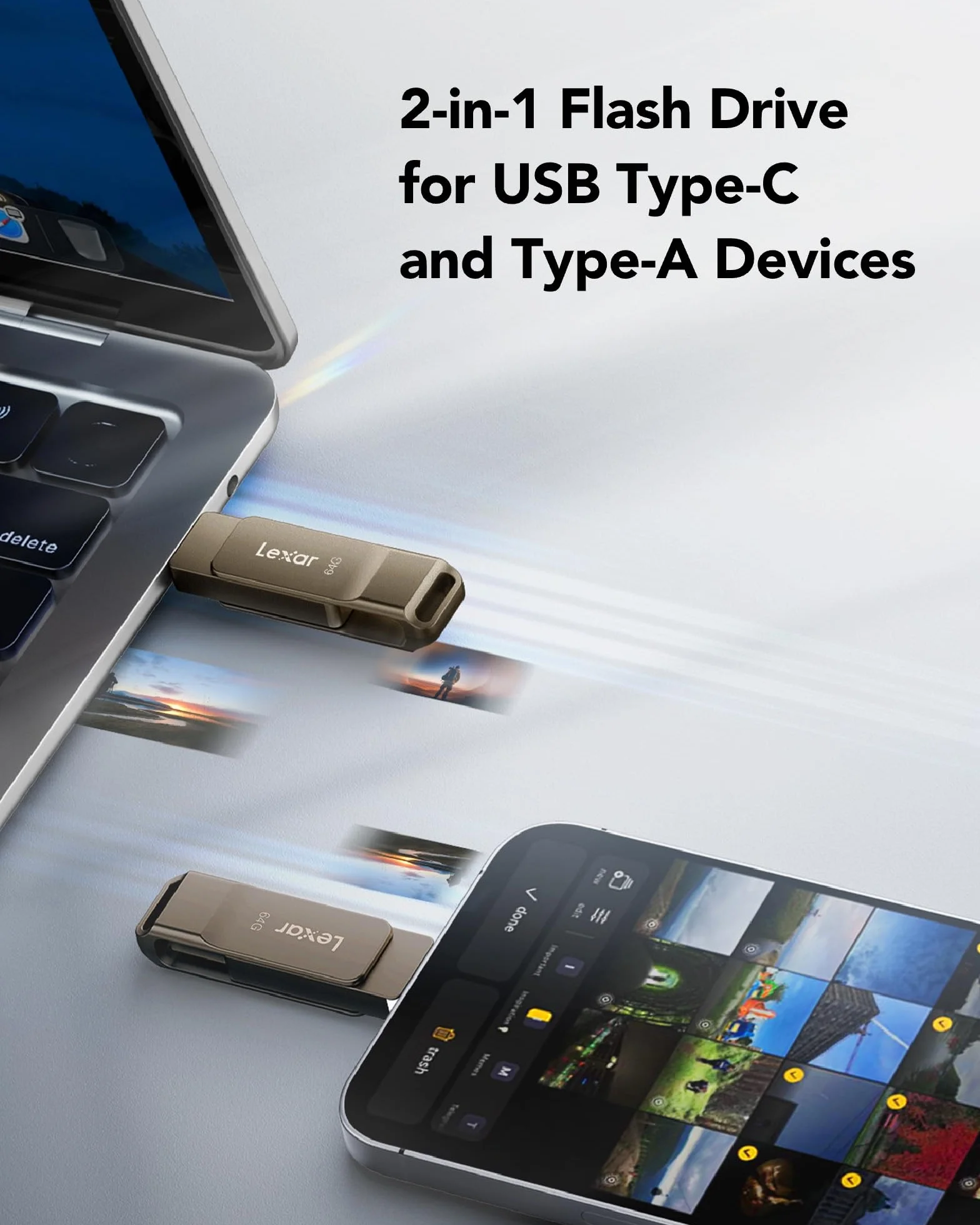 Lexar D40E 64GB Dual USB 3.2 Gen 1 Type-C Jump Drive, USB-C Flash Drive Materiał metalowy obrotowy klucz USB, kompatybilny z iPhonem, szary tytanowy