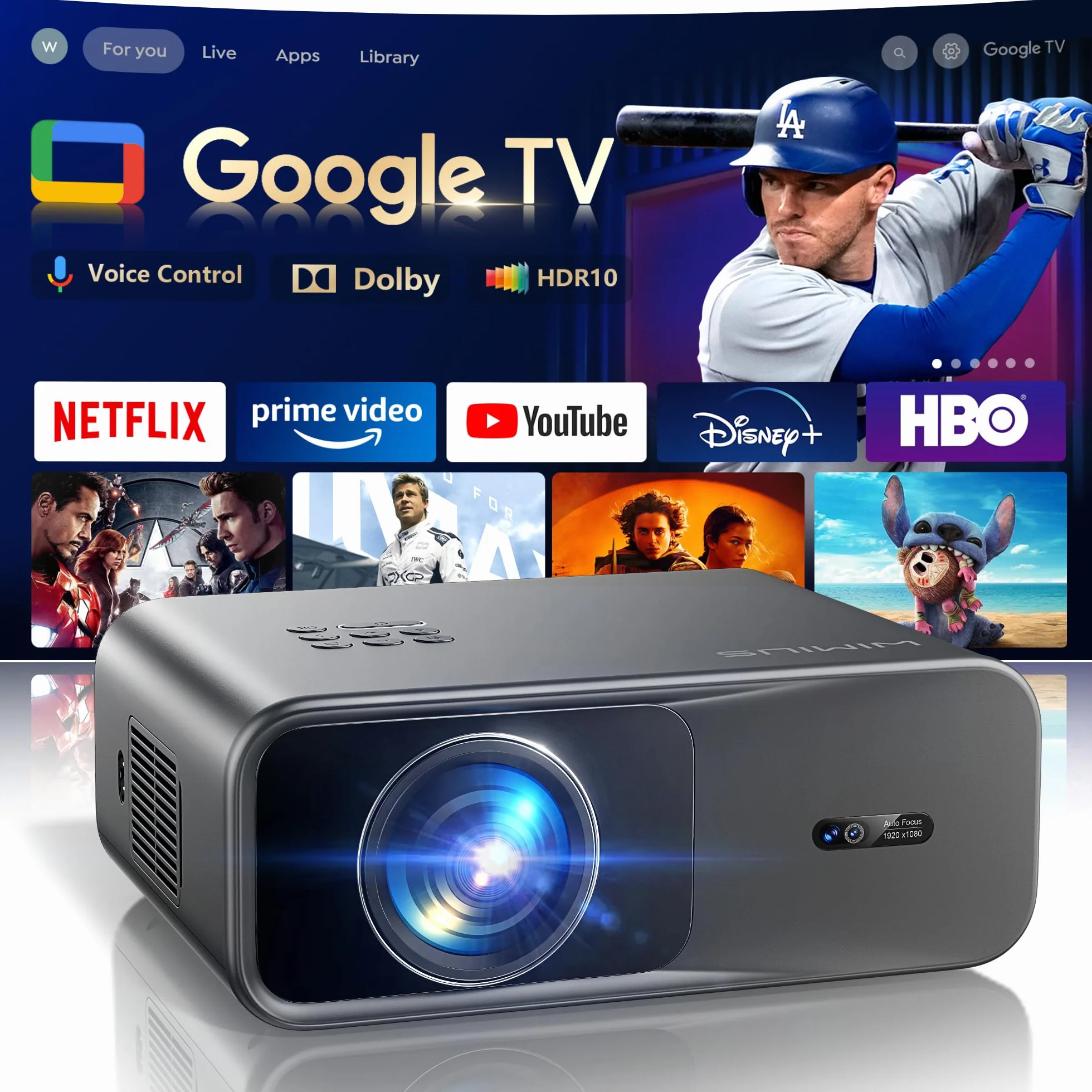 Projektor 4K z Google TV & Netflix/Disney+, Dolby Audio, 1000 ANSI Smart Beamer 4K autofokus, korekcja trapezowa, HDR10, sterowanie głosem, WiFi Bluetooth Full HD 1080p kino domowe/zewnętrzne HDMI ARC