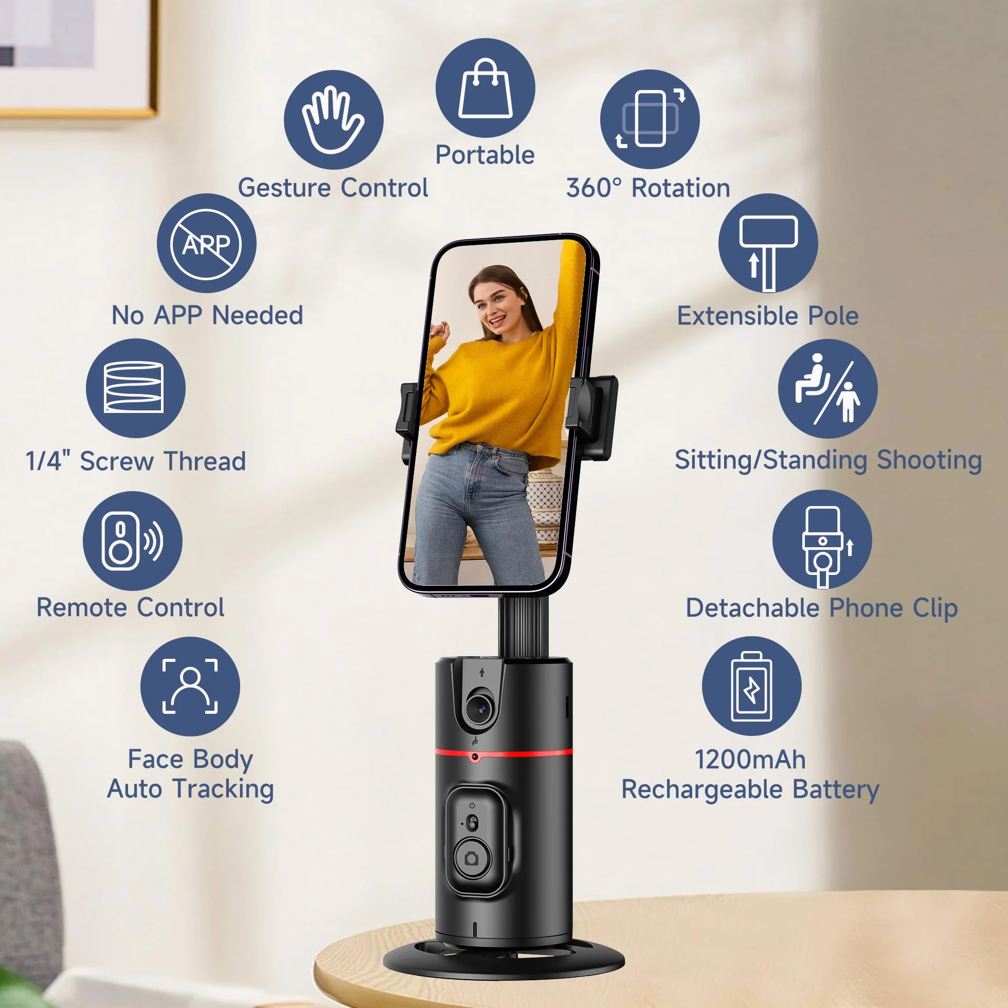 Statyw na smartfona z automatycznym śledzeniem, wysuwany uchwyt na telefon komórkowy z funkcją śledzenia twarzy AI 360° i zdalnym sterowaniem, nie wymaga aplikacji, uchwyt na smartfona dla iPhone