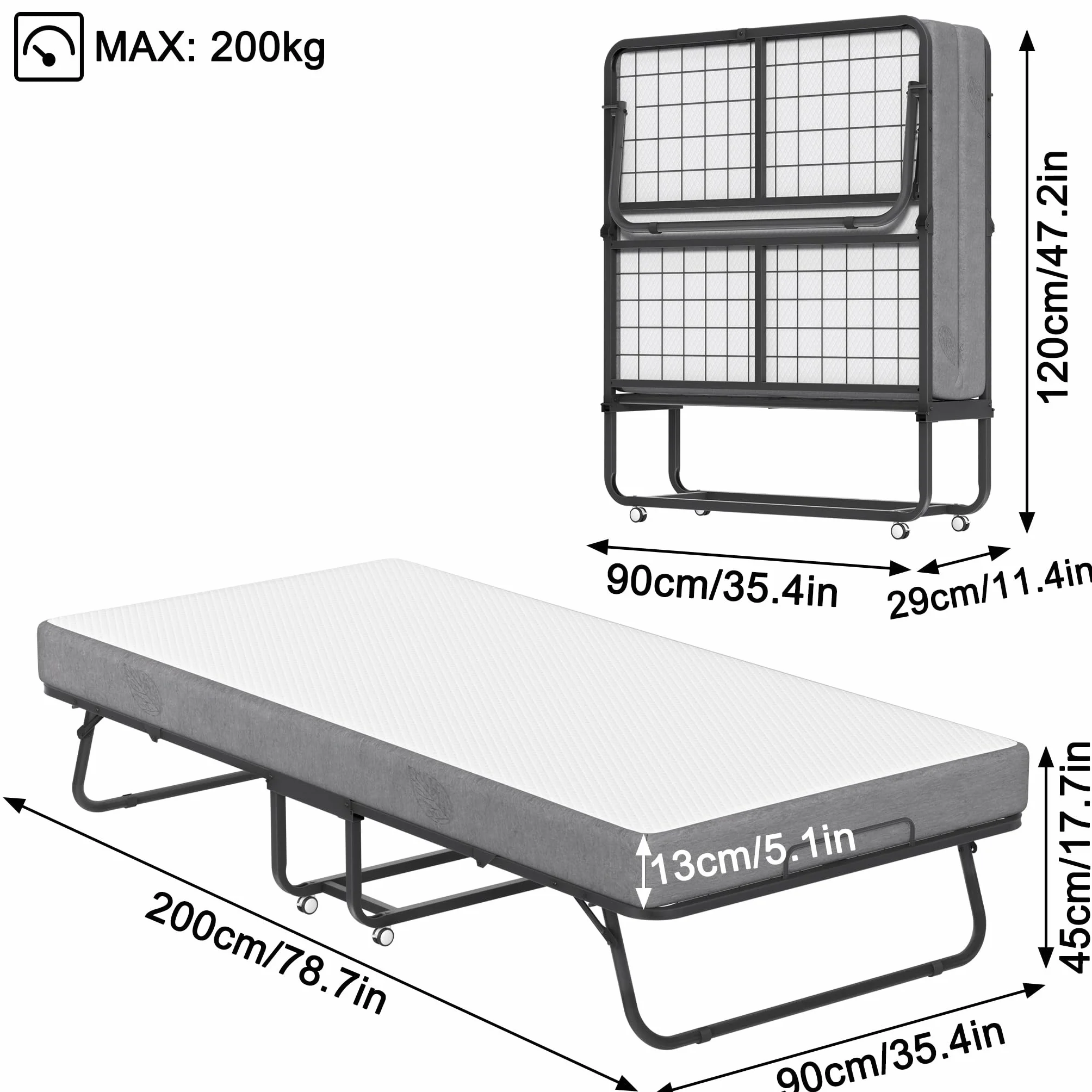 UISEBRT Łóżko Składane z Materacem 90 x 200 cm dla Gości, Metalowa Rama z Kółkami - dla Dorosłych, 13 cm Grubości, Nośność 200 kg