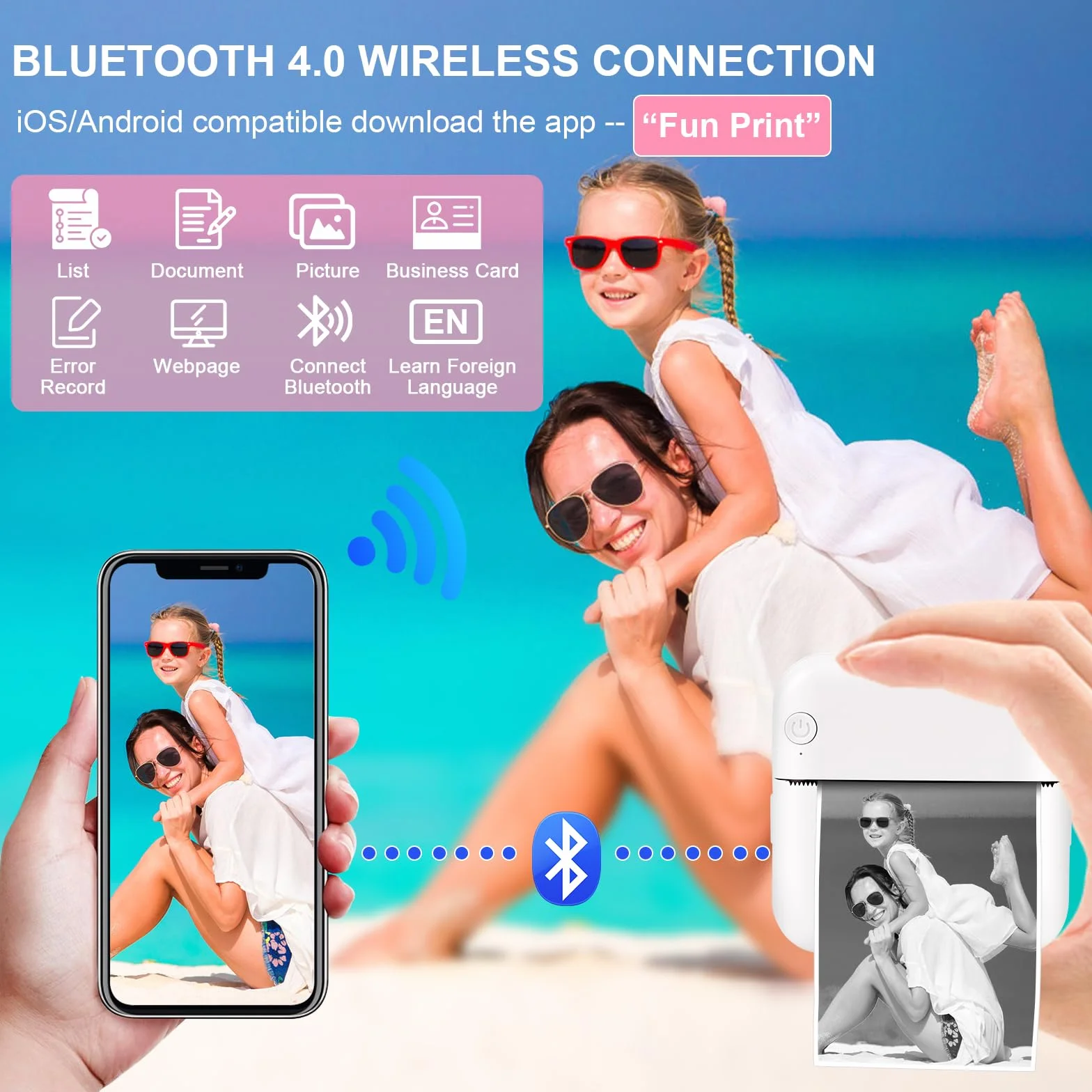 GuKKK Mini drukarka, mobilna drukarka fotograficzna, przenośna mini drukarka fotograficzna, bezprzewodowa drukarka fotograficzna, drukarka Bluetooth, pomoc w nauce, notatki, dziennik, notatki