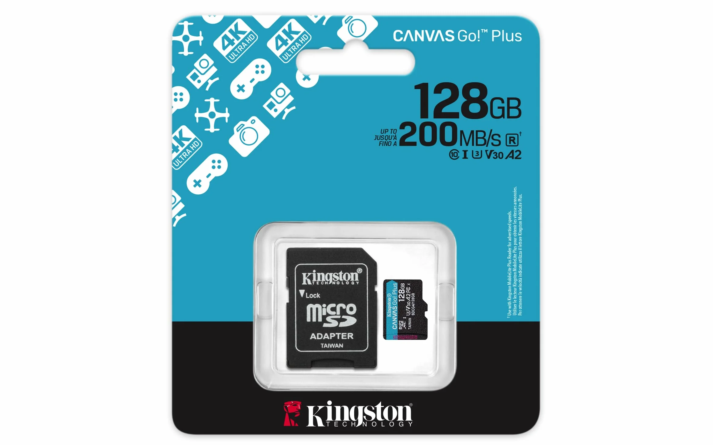 Kingston Canvas Go Plus karta pamięci microSDXC Gen4 200 MB/s A2 U3 V30 128 GB karta + adapter-SDCG4/128 GB
