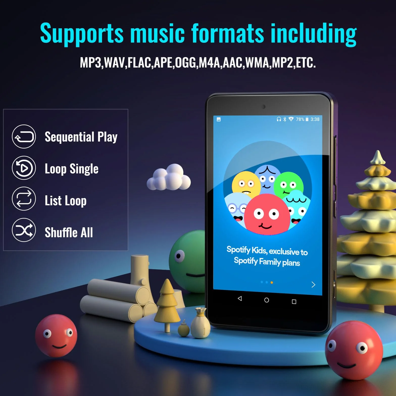 MP3 Player dla Dzieci z Spotify, Kontrolą Rodzicielską, Spotify Kids, Audible, Amazon Music, Libby, 4.0" IPS Dziecięcy Odtwarzacz MP4 do Muzyki do 512GB (Czarny)