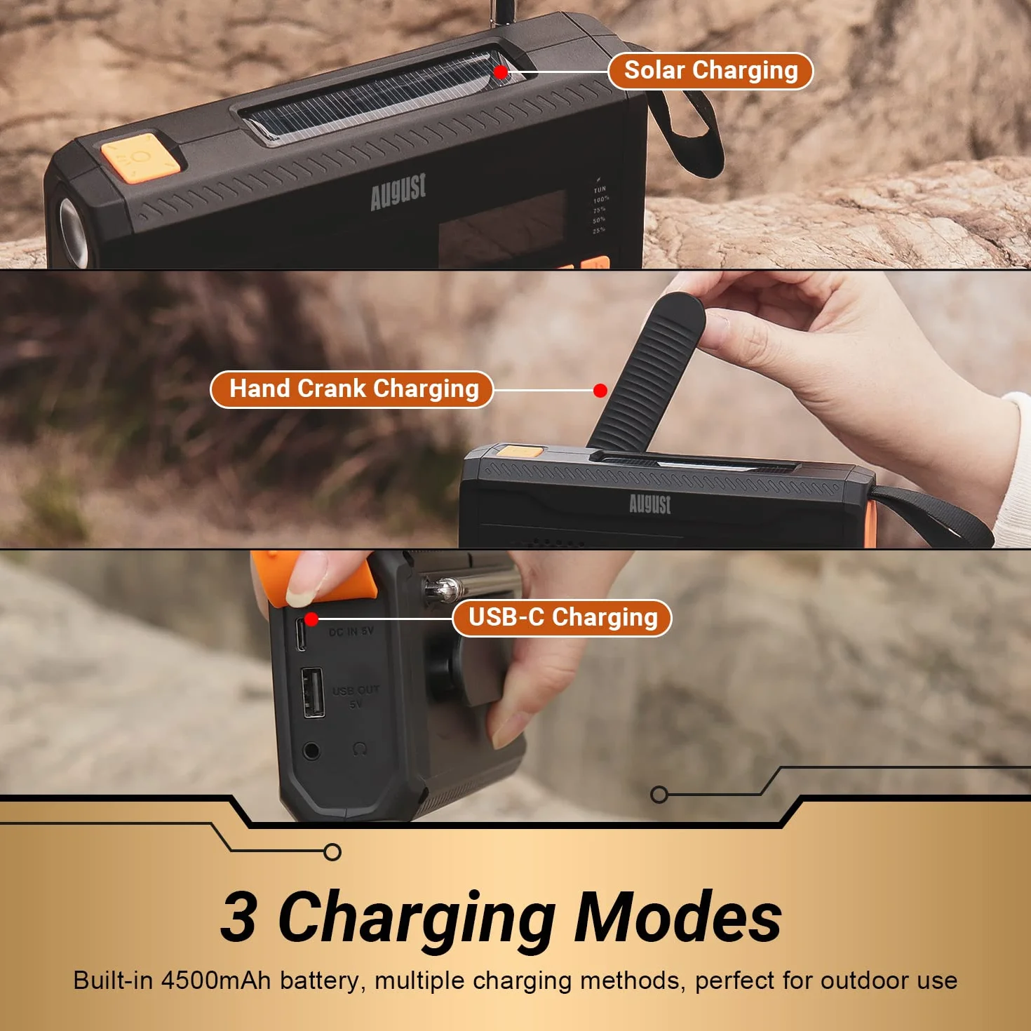 August MB290B Wind Up Solar Radio z DAB+/DAB/FM – 4500 mAh akumulator Bluetooth 5.0, radio awaryjne z korbą ręczną z powerbankiem USB, latarką i alarmem SOS do survivalu, biwakowania, wędrówek
