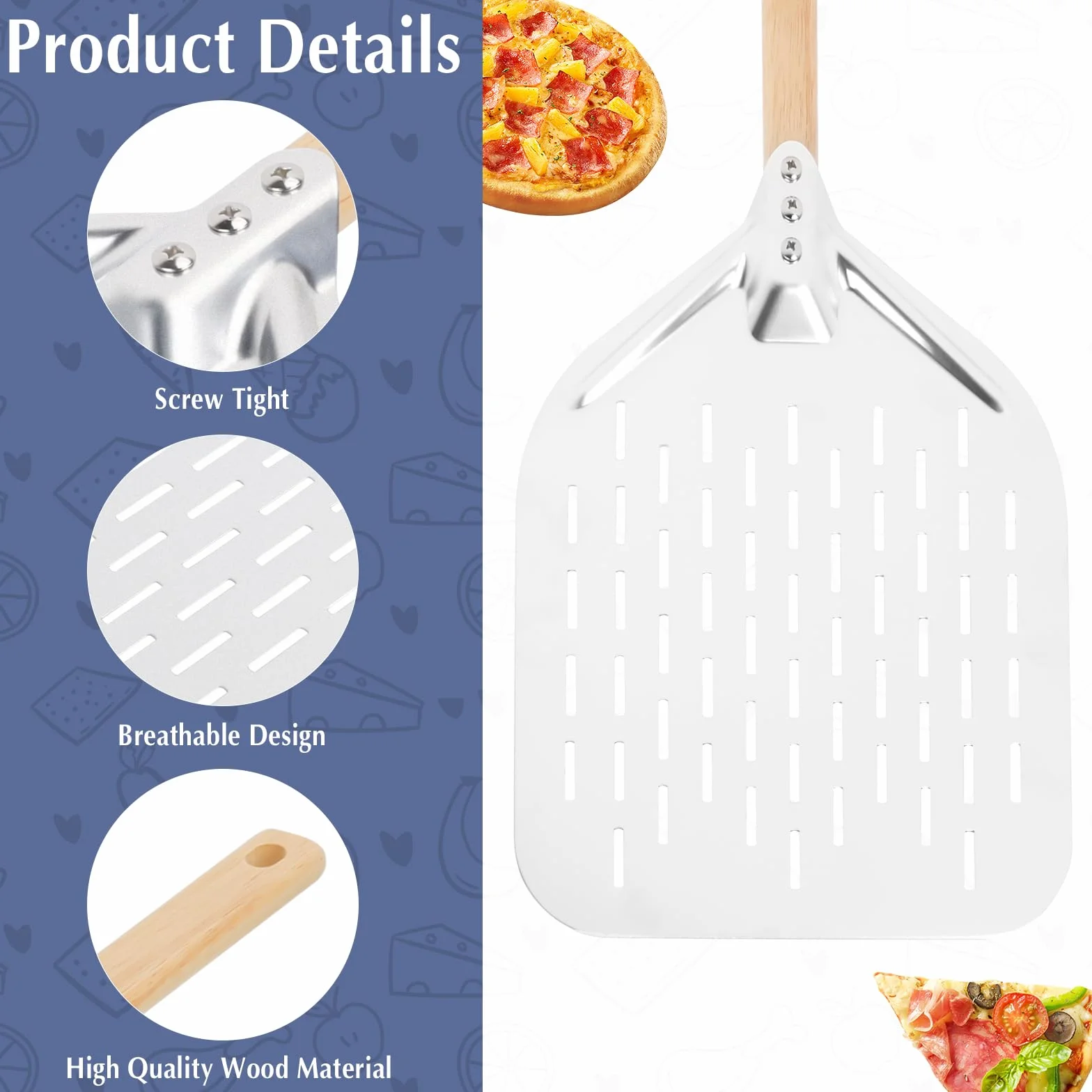 Perforowana łopata do pizzy, łopata do pizzy 39,5 x 30 cm z drewnianą rączką i 1 szczotką do oleju, profesjonalna aluminiowa perforowana skrobaczka do pizzy do domowego wypieku pizzy (czarna, 12 cali)