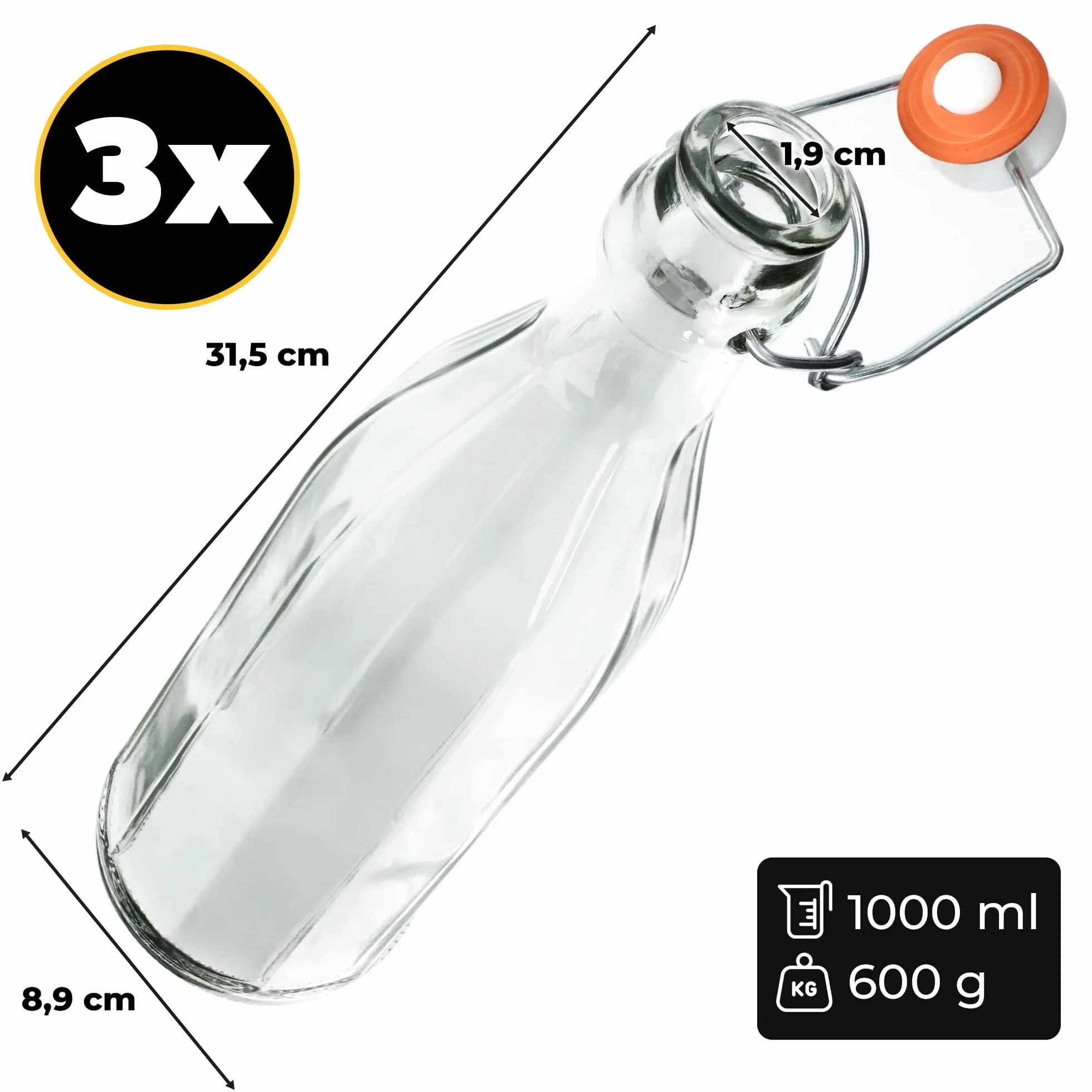 KADAX Zestaw 3 szt. Butelki z zamknięciem mechanicznym 1000 ml, szczelny korek z uszczelką, wytrzymałe szkło wielorazowe, do soków, nalewek i wody
