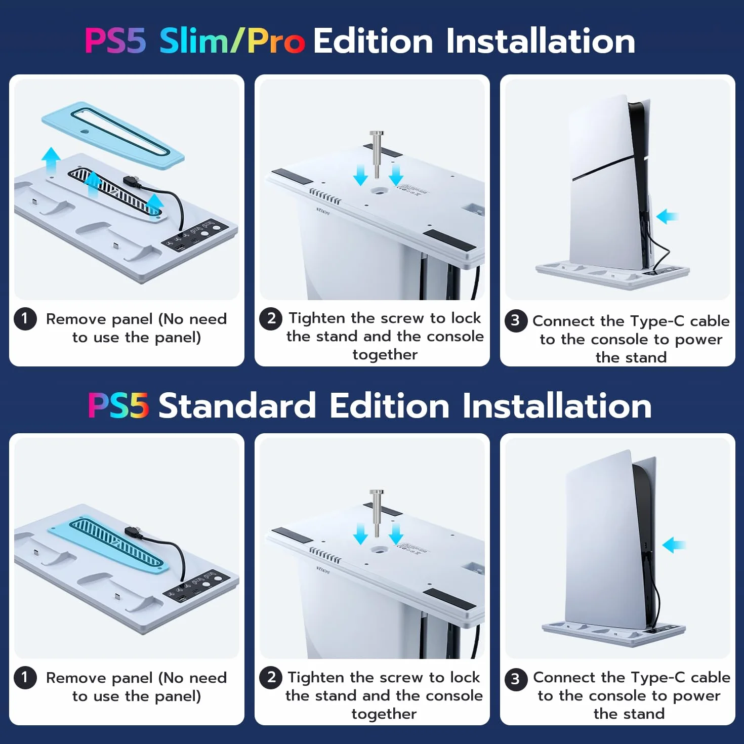 Pionowa podstawa z chłodzeniem do PS5/PS5 Slim, stacja ładująca Dual Controller z 3-stopniowym wentylatorem/światło RGB do PS5 UHD & Digital / PS5 Slim Disc & Digital
