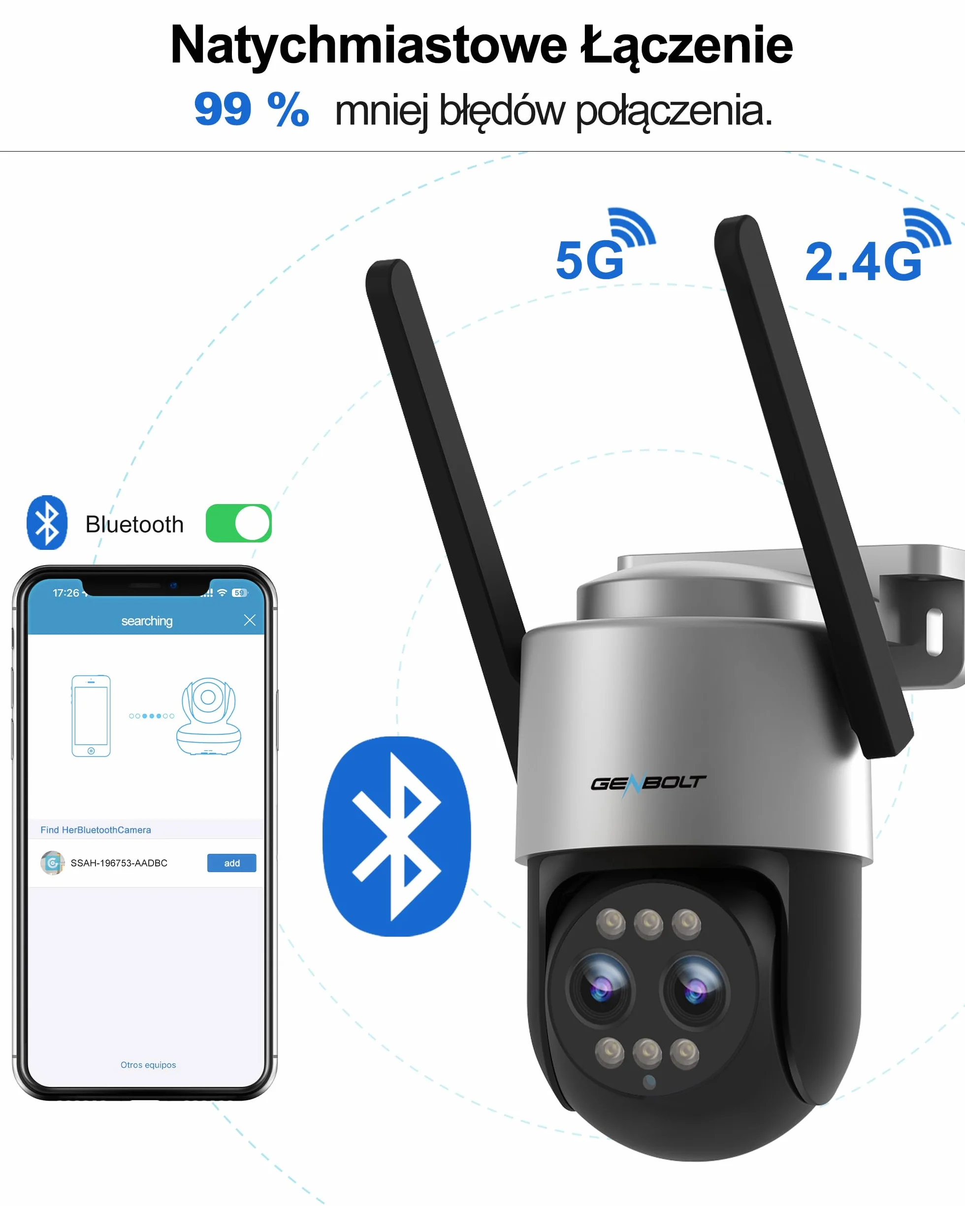 GENBOLT 2.5K Kamera PTZ WiFi do Użytku na Zewnątrz,Obsługująca POE, Podwójna IP 4MP Domowa Kamera Monitorująca,10-Krotny Zoom Hybrydowy,CCTV Kolorowy Tryb Nocny,Automatyczne Śoledzenie (2,4/5GHz)