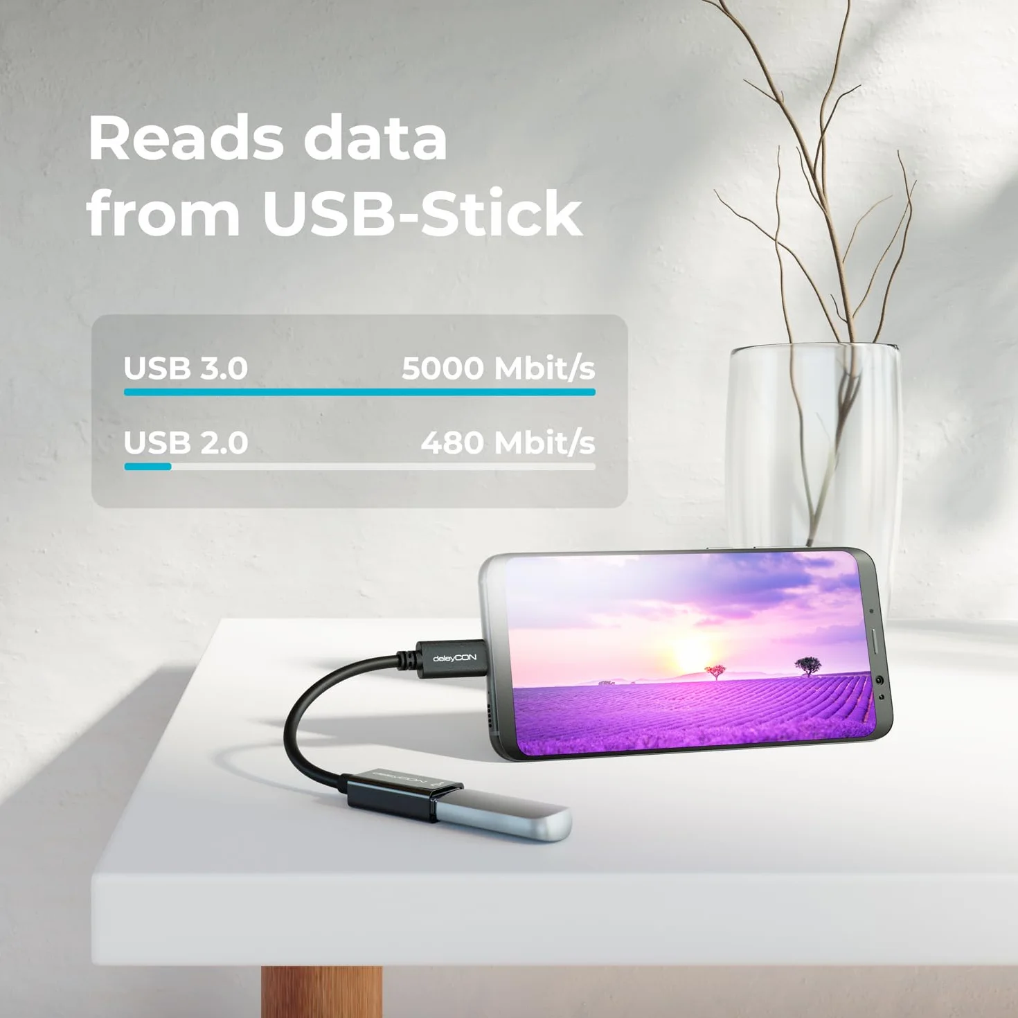 deleyCON USB-C do USB-A Kabel Przejściówka 3.0 OTG - Kompatybilny z Notebookiem Laptopem PC Smartfonem Telefonem Komórkowym iPhone 17 16 15 S25 S24 S23 MacBook iPad Mini iMac - 17cm