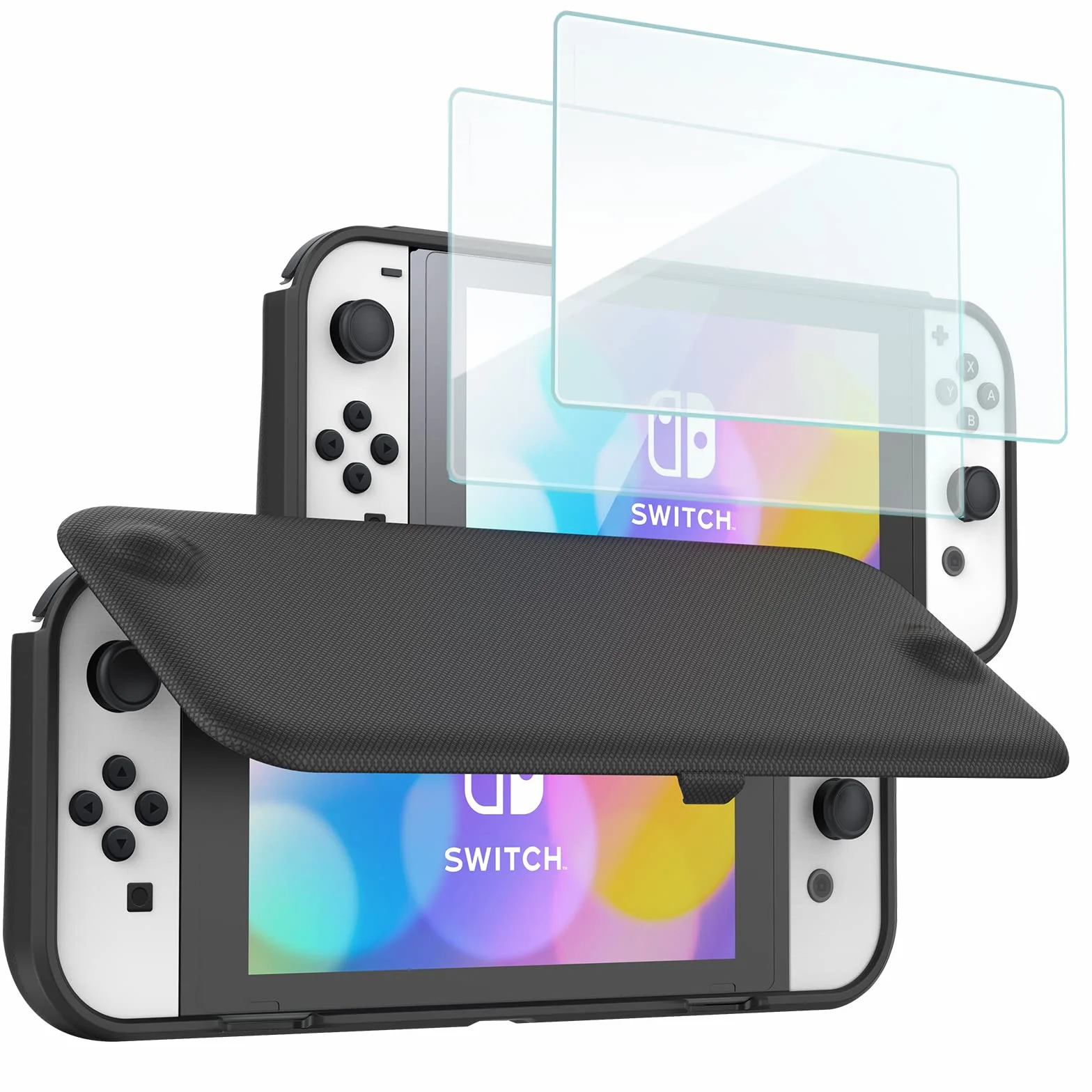 ProCase Składane etui ochronne + (2 sztuki) ochrona wyświetlacza do Nintendo Switch (model OLED), miękkie, cienkie etui z tworzywa TPU, odporne na uderzenia + 2 folie ochronne na wyświetlacz ze szkła