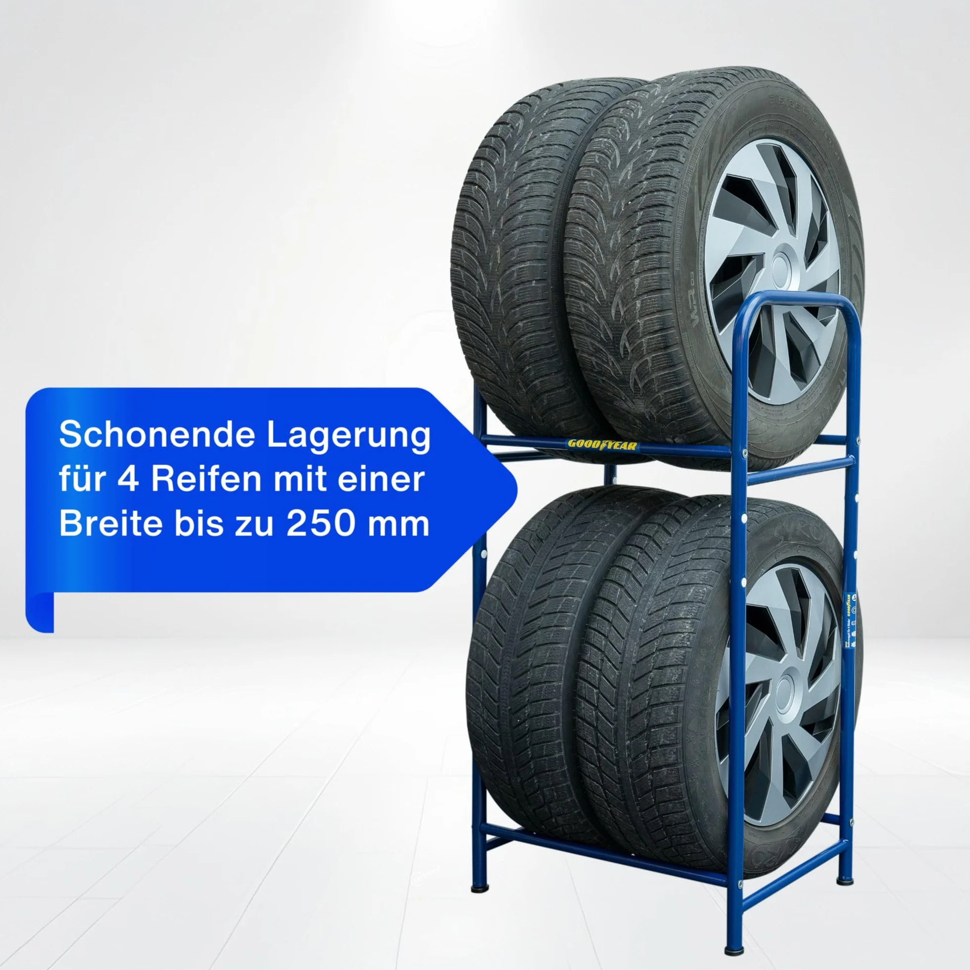 Goodyear Regał na opony na 4 opony, zajmuje mało miejsca, z regulacją wysokości, 2 poziomy, nośność do 120 kg, niebieski