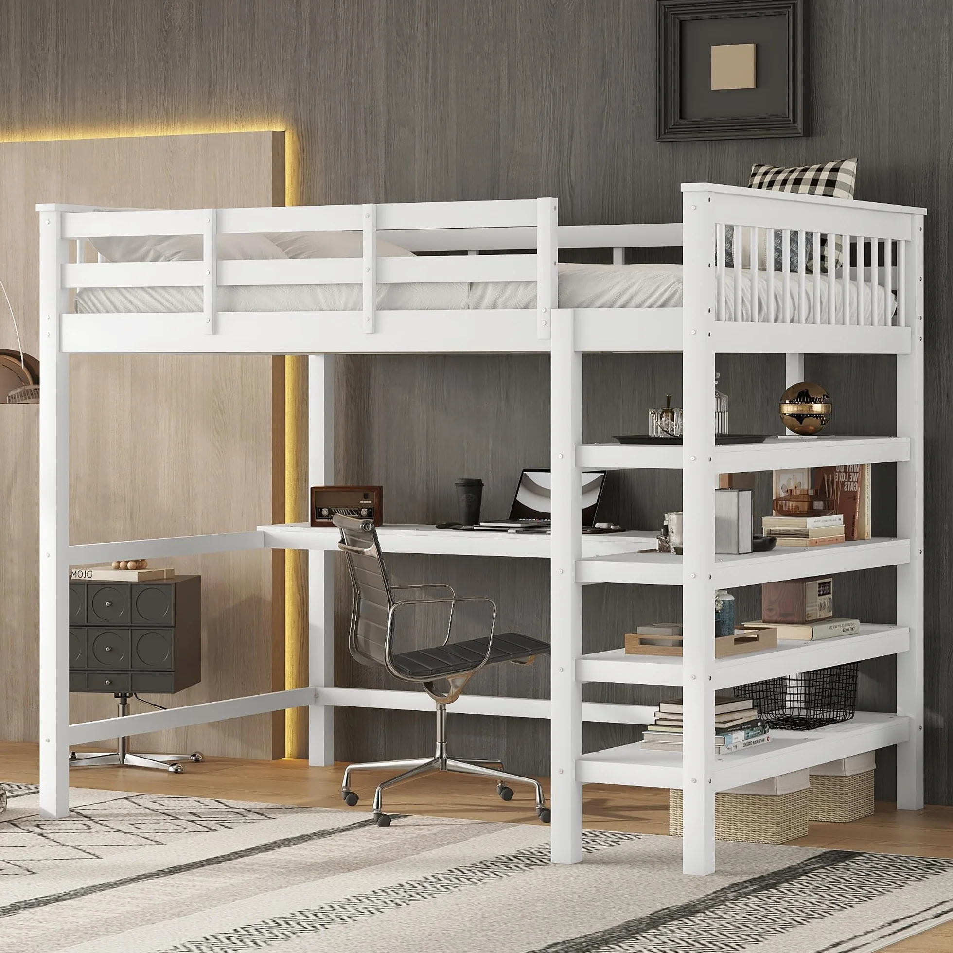 Łóżko piętrowe sosnowe MDF 140x200 cm z biurkiem i kieszeniami mocującymi białe szare
