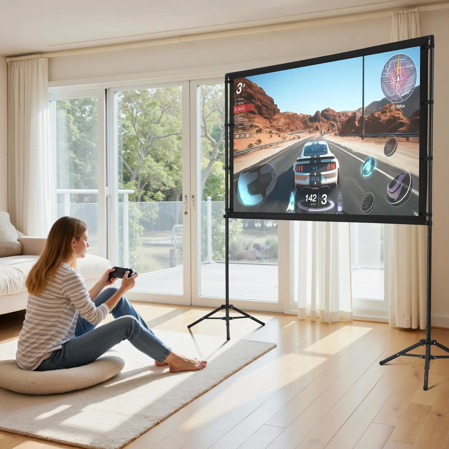 VEVOR Ekran projektora z podstawką, ekran projekcyjny o szerokim kącie ok. 2133,6 mm, przenośny do użytku wewnątrz i na zewnątrz, 160°, 4K HD 16:9, podwójny statyw z torbą transportową