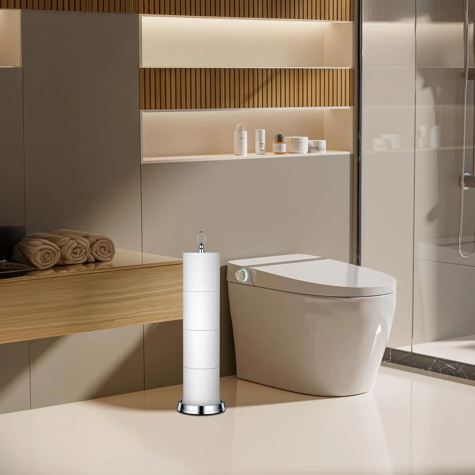 ROLABAM Heavy Weighted Toilet Paper Holder with Reserve Function Free Standing Chrome 22.5"