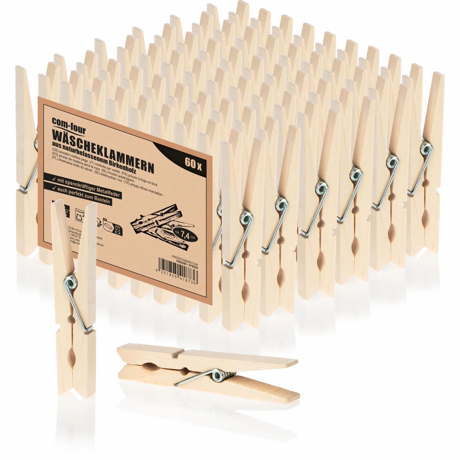 COM-FOUR® drewniane klamerki do bielizny 60 sztuk z drewna brzozowego