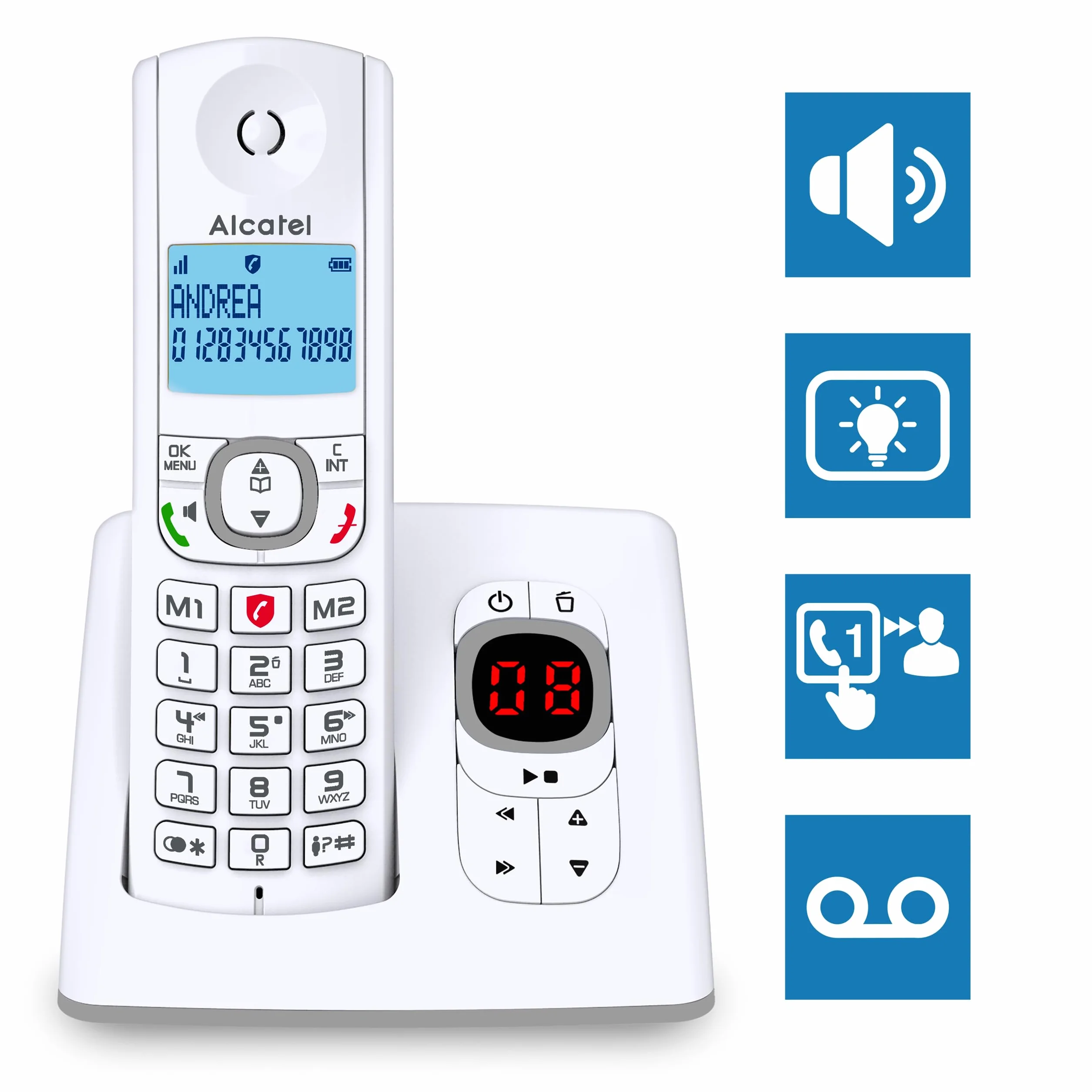 Alcatel F530 Voice Trio, telefon bezprzewodowy z automatyczną sekretarką i 3 słuchawkami, blokowanie połączeń i funkcją głośnomówiącą biały/szary