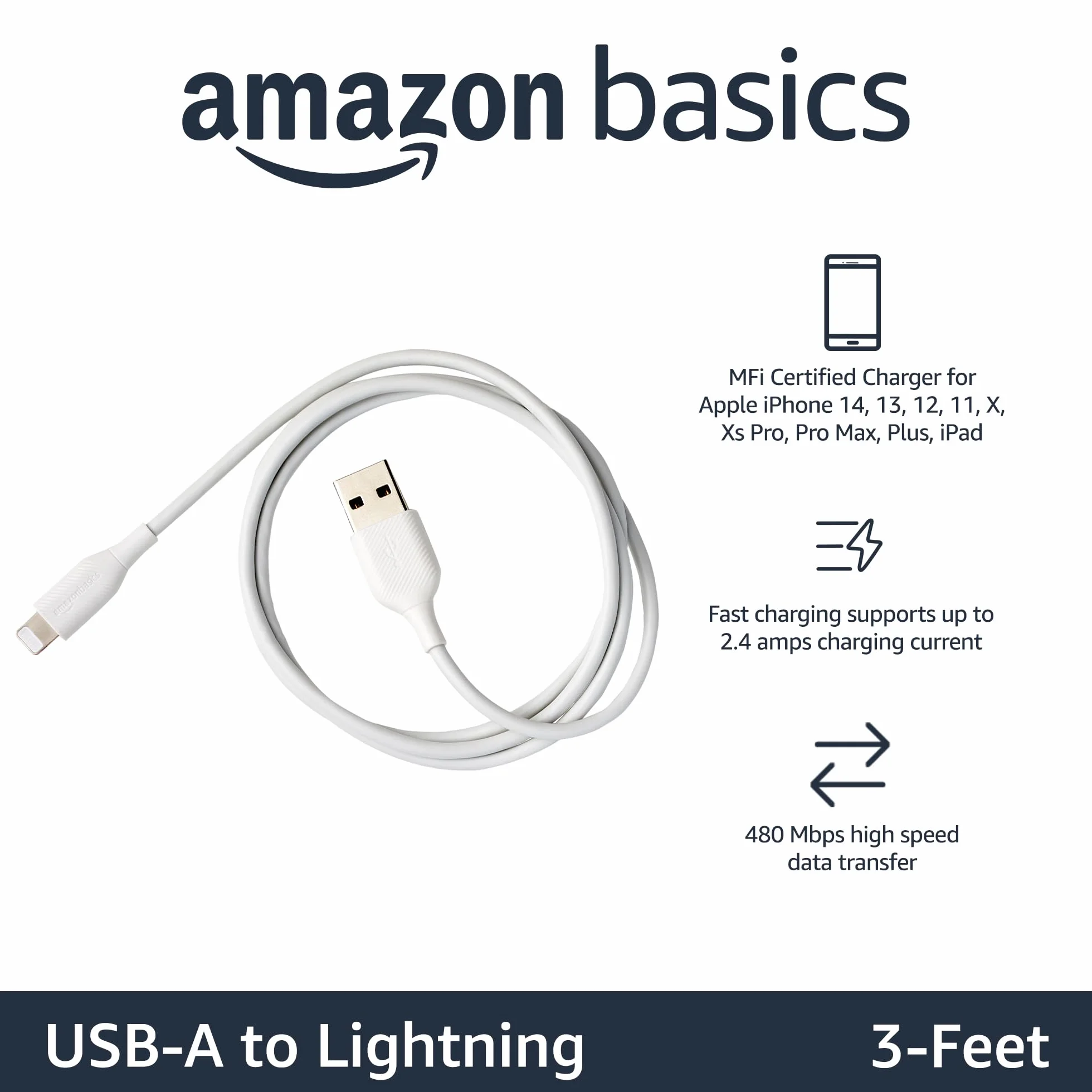 Amazon Basics Kabel połączeniowy Lightning na USB-A, certyfikowany przez MFi kabel do ładowania do iPhone'a, biały, 0,9 m