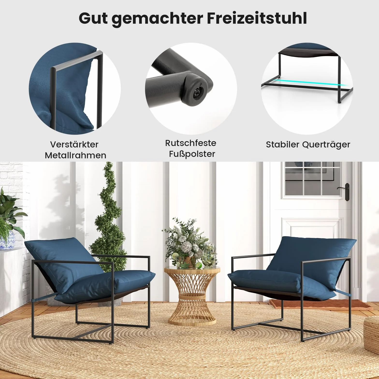 COSTWAY Sling Accent Chairs zestaw 2 foteli wypoczynkowych z poduszką na siedzisko i oparcie, fotel z metalową ramą i oddychającym materiałem do siedzenia, do salonu, na balkon