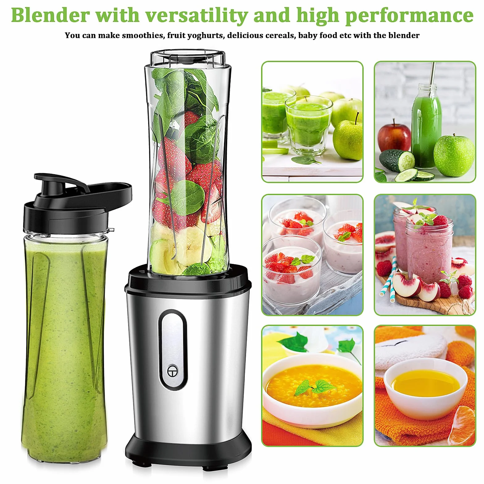 Mikser 500 W, mini stojący, smoothie Maker z butelkami 2 x 600 ml, bez BPA, tritan, przenośny z stali nierdzewnej, 4 arkusze do shake, do smoothie i posiłków