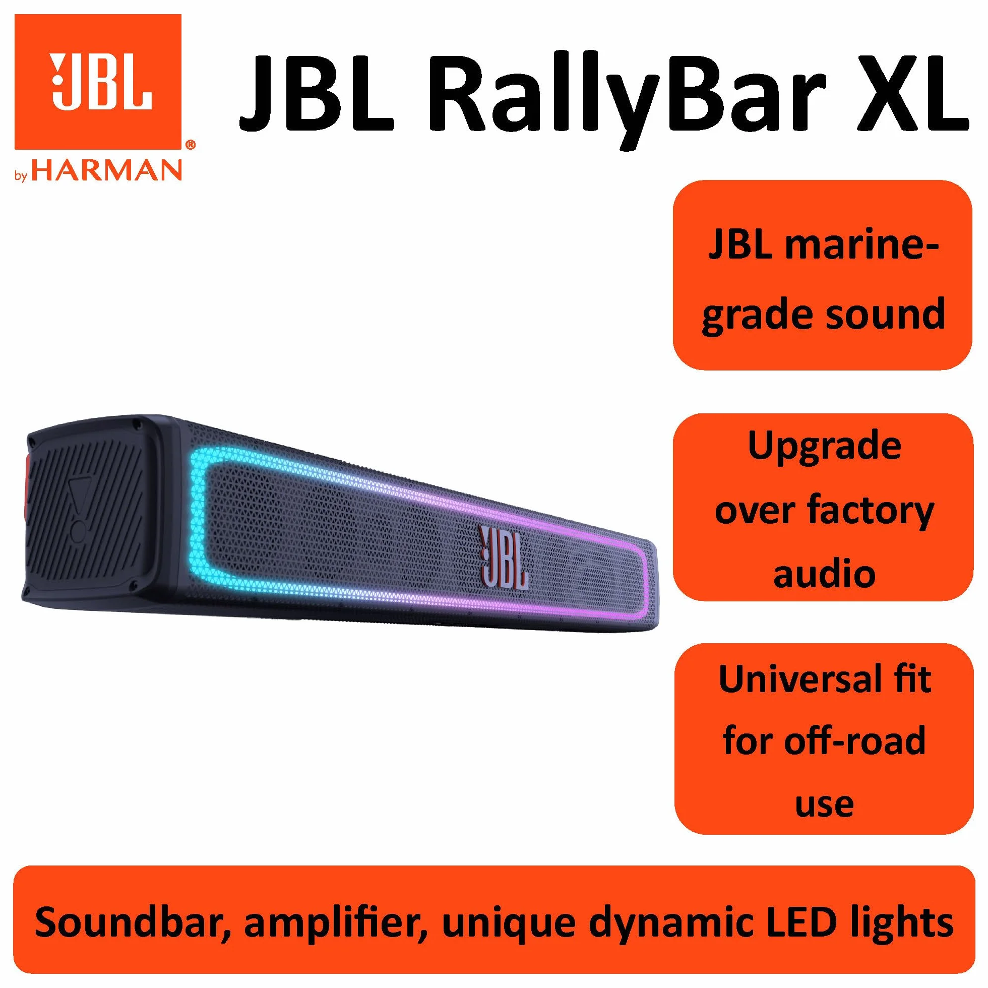 JBL RallyBar XL 35" uniwersalny soundbar Bluetooth do pojazdów i łodzi, z 14 głośnikami, wodoszczelny, wzmacniacz 300 W, oświetlenie LED, Pro Sound i innowacyjny uchwyt
