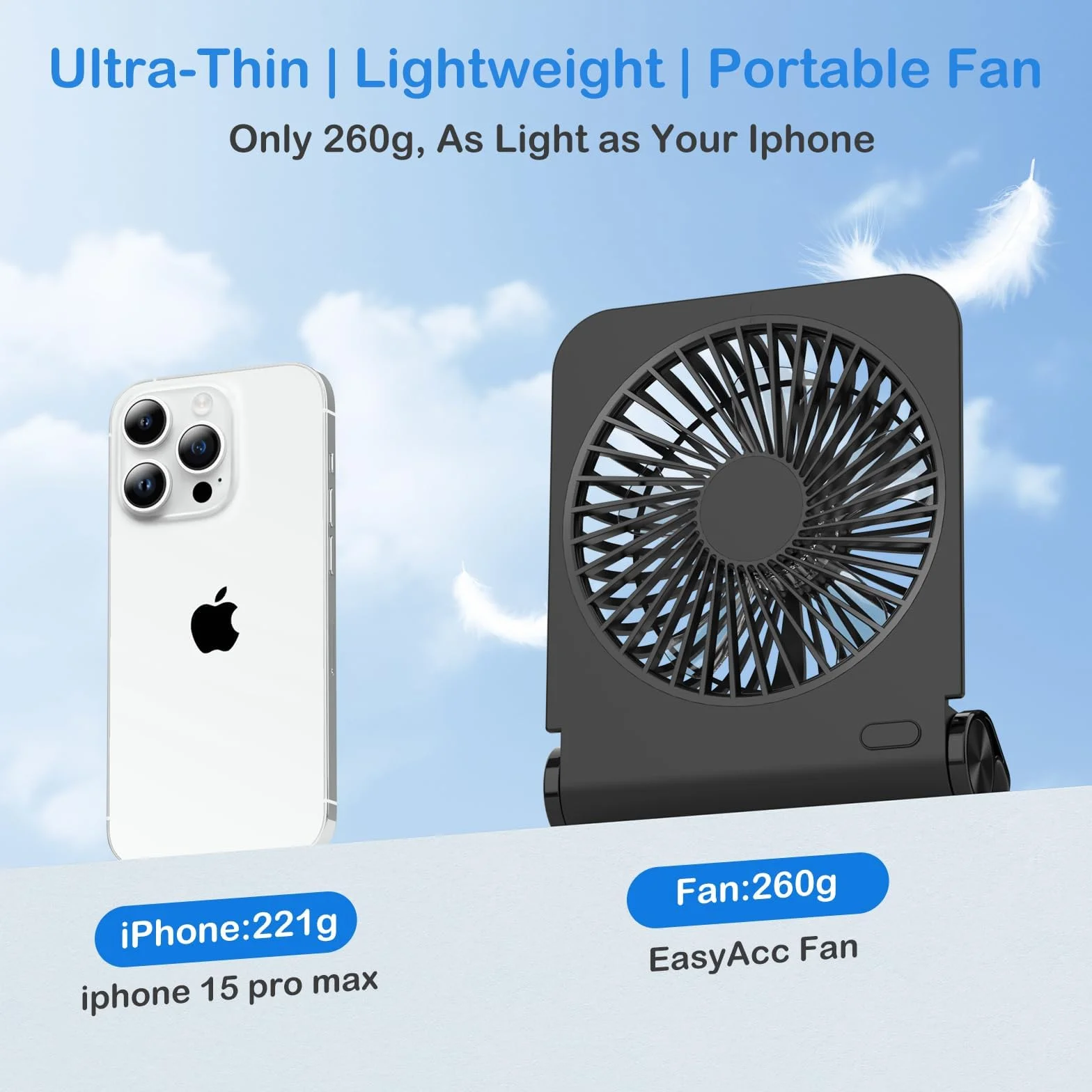 EasyAcc Ultracienki mini wentylator stołowy 4 prędkości/2000 mAh/5 łopatek/składany/zawieszany wentylator USB-C przenośny cichy akumulator wentylator z baterią do podróży do biura makijażu