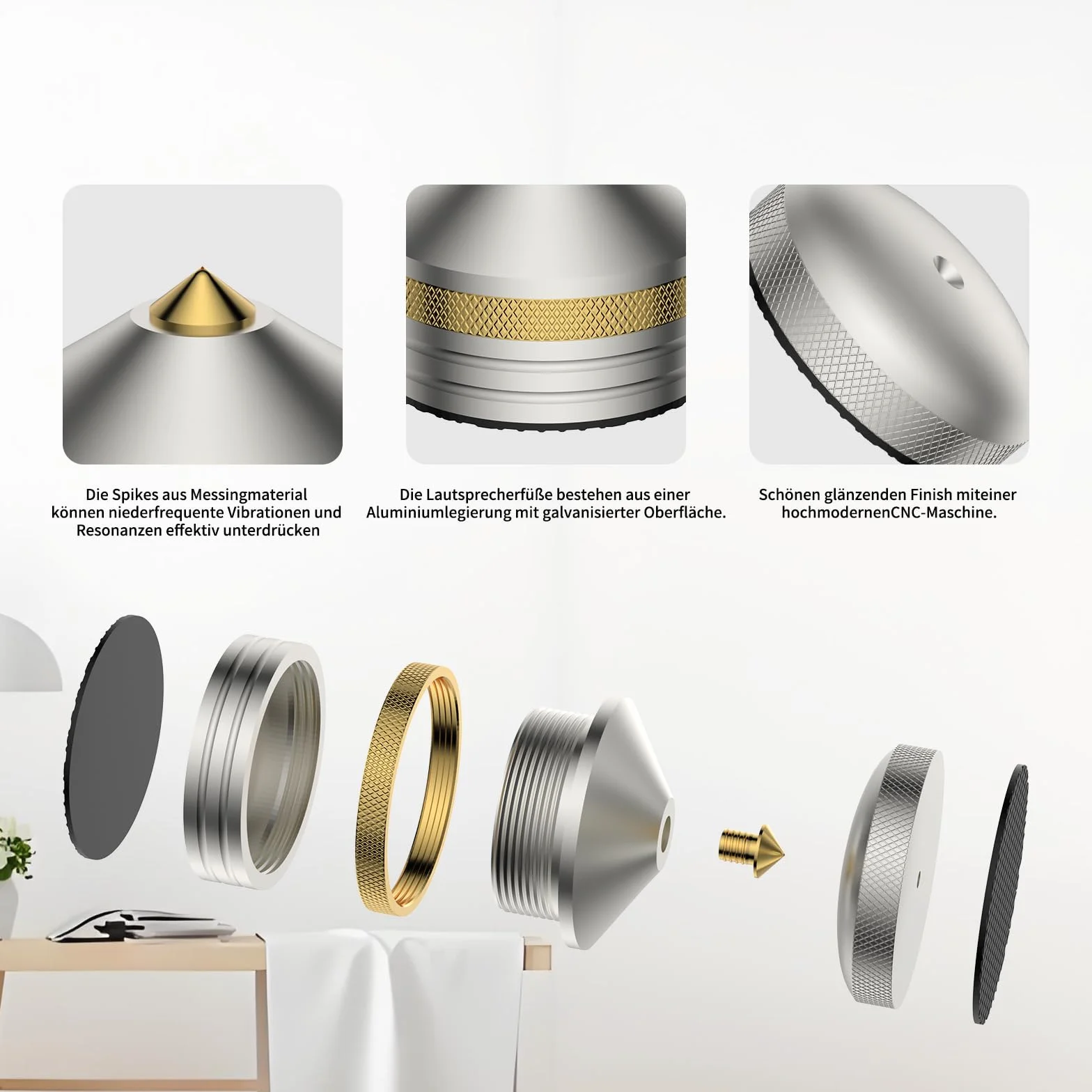 Tertullus 4 sztuki HiFi nóżki izolacyjne 39 x 33 mm, aluminiowe podkładki izolacyjne, stojak na głośniki, amortyzatory z regulacją wysokości, do wzmacniaczy, gramofonów, urządzeń DAC, kolor srebrny