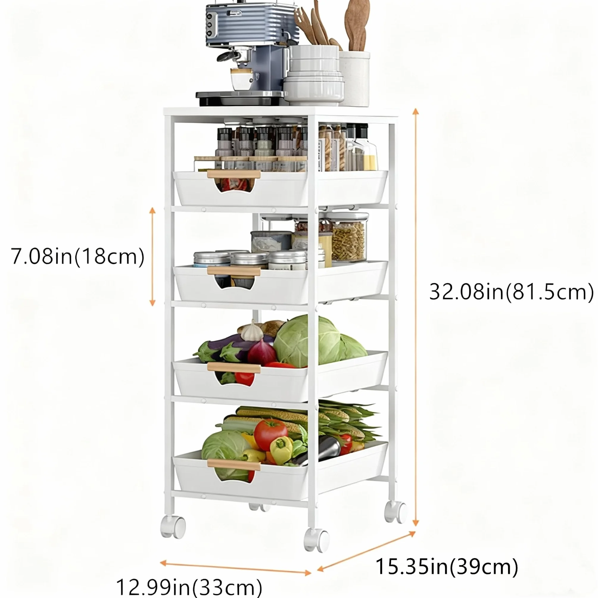 CarolynDesign 5-poziomowy organizer z metalową ramą, wózek użytkowy z drewnianym blatem, wielofunkcyjny schowek na kółkach z wysuwanymi szufladami do kuchni, salonu, łazienki