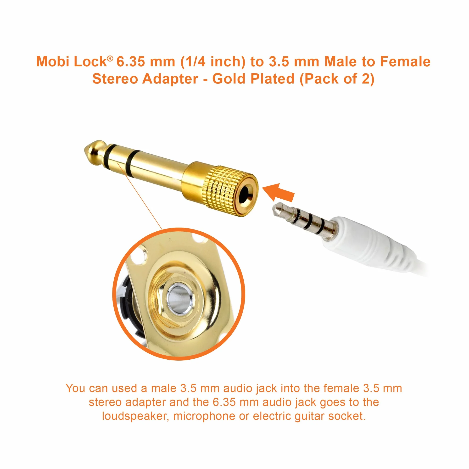 2 Sztuki Wtyk 6,35 mm do Gniazda 3,5 mm - Adapter Jack Audio Stereo 1/4 do 1/8 Cala - Łączy Urządzenia z Portem 6,35 mm z Urządzeniami Audio 3,5 mm - od Mobi Lock