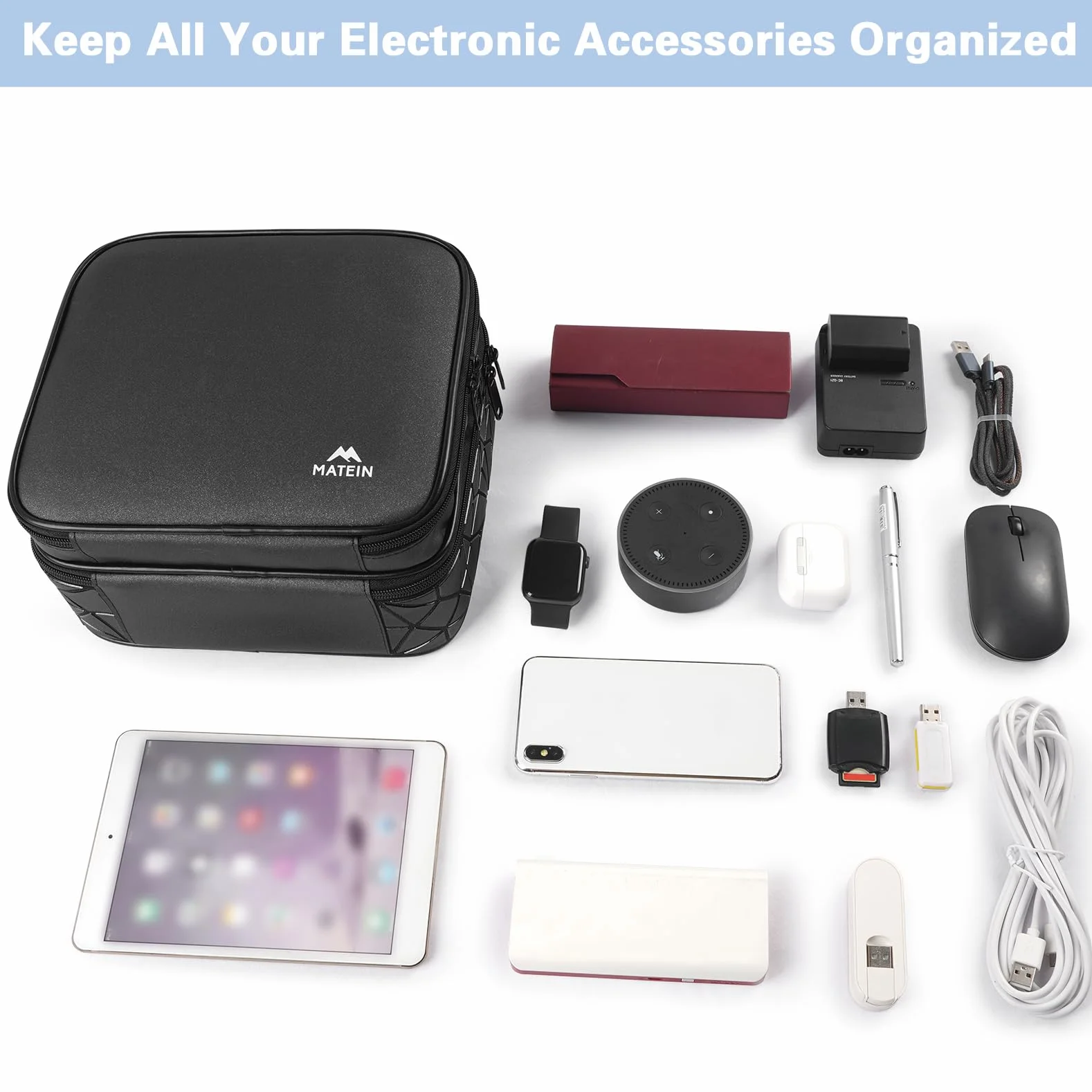 MATEIN Torba z organizerem kabli, 2-warstwowa podróżna torba na elektronikę, wodoodporna, odporna na uderzenia, podróżna torba z organizerem na kabel USB, powerbank, mysz, czarnyÓ