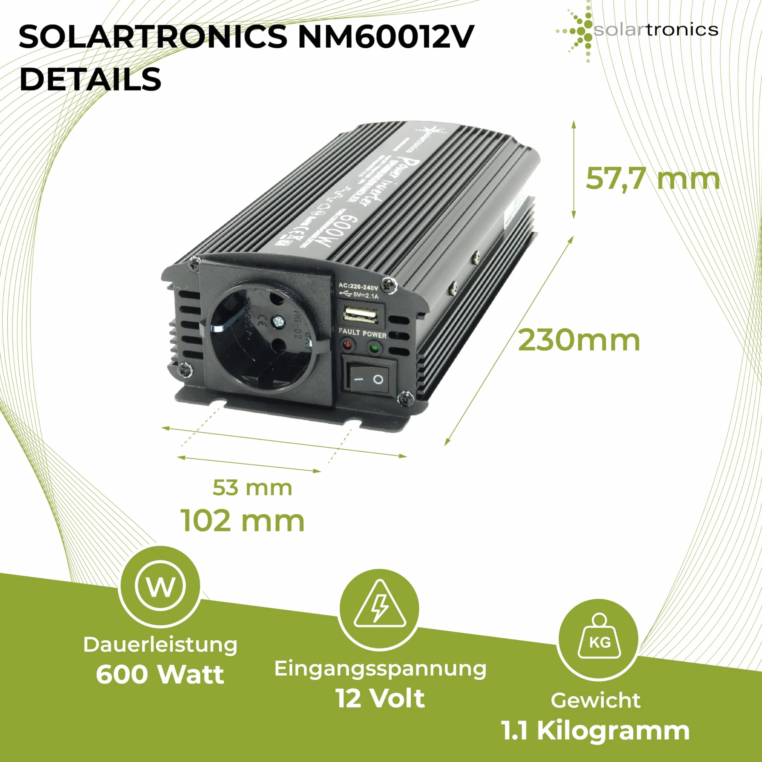 SOLARTRONICS Przetwornica napięcia NM600 12 V 600 W czarna - moc szczytowa 1200 W - falownik 12 V na 230 V - kompatybilny z bateriami ołowiowymi lub AGM - ze złączem Schuko i USB