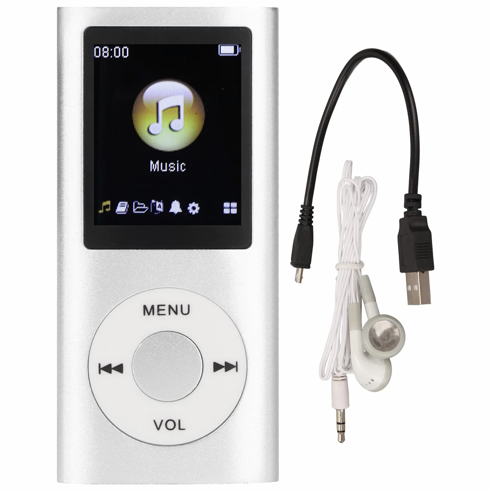 Odtwarzacz MP3/MP4, Przenośny Odtwarzacz Muzyki ze Słuchawkami, Ekran HD 1.8 Cala, Obsługa Karty Pamięci do 64 GB, Czas Odtwarzania 8H, Super Lekka Metalowa Obudowa(Srebro)
