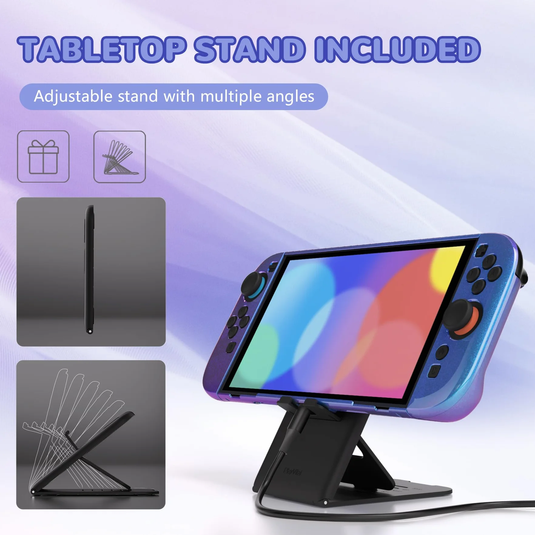 PlayVital Etui do Switch 2 Akcesoriami,Twarda Osłona Ochronna do Switch 2 z Uchwytem Grip,Podpórką & Nakładką Joystick,Etui Dokowalne–Kameleon Fioletowy Niebieski