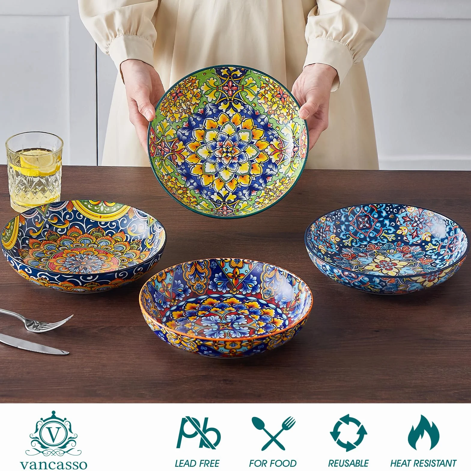 vancasso SIMI Zestaw 4 misek do makaronu, porcelanowe miski do sałatki, duże grube miski do serwowania, do kuchni, zmywarki i kuchenki mikrofalowej, talerze do makaronu
