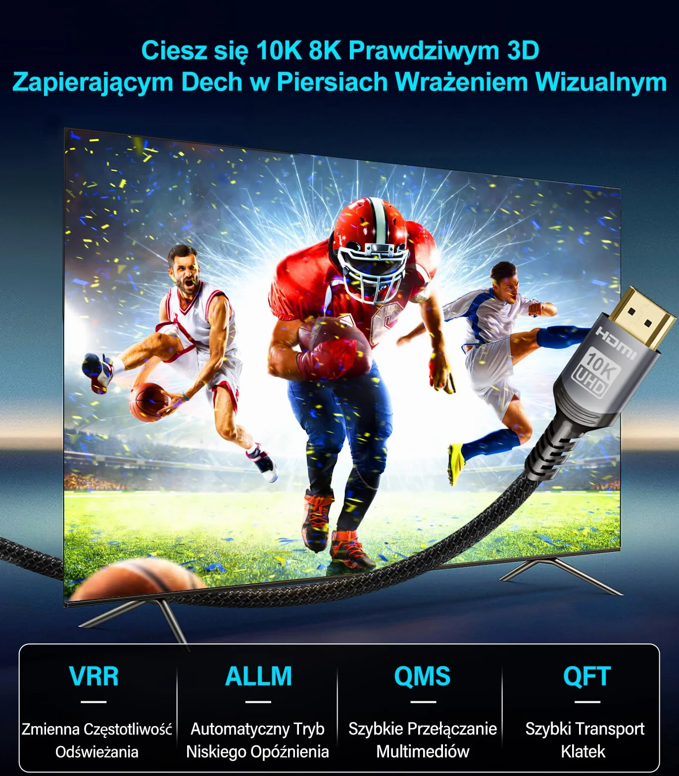 Sniokco 10K 8K 4K Kabel HDMI 2.1 48Gbps 2M Certyfikowany Ultra Wysokiej Prędkości Kabel HDMI® 0.01ms 4K 240Hz 165Hz 120Hz 8K 60Hz eARC Netflix HDCP 2.3 2.2 HDR10+ TV Monitor Projektor Roku X-box