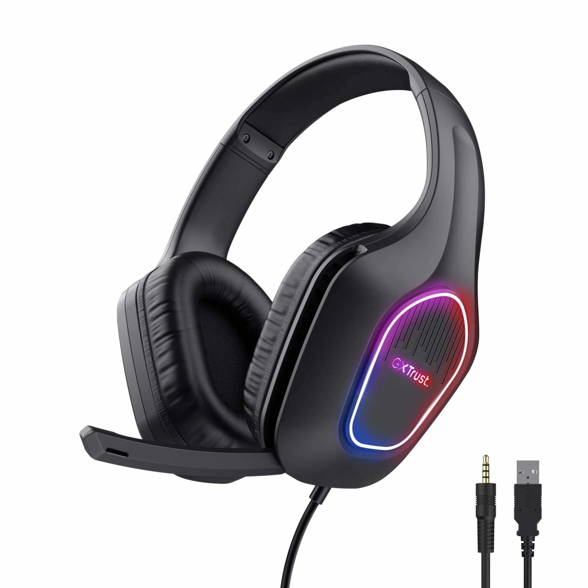 Trust GXT 419 Rayne Lekkie Słuchawki Gamingowe do PC/Konsoli, Podświetlenie LED na USB, Jack Audio 3.5mm, Przetworniki 50mm, Odchylany Mikrofon, Headset Przewodowy do Komputera, Czarny