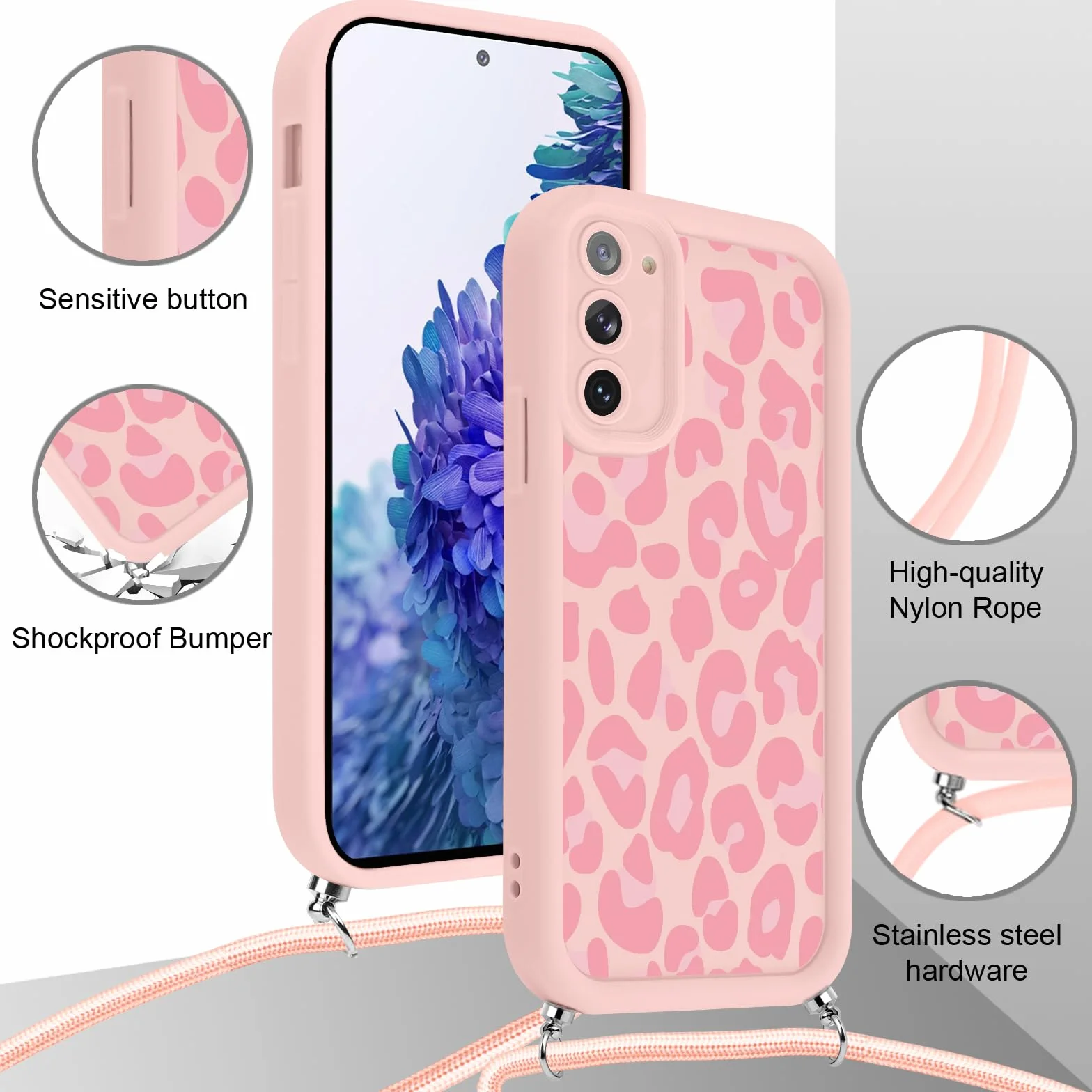 Xylota Etui ze smyczą do Samsung S20 FE/S20 Lite, estetyczne wzory lampart regulowany naszyjnik sznurowany pasek na ramię, silikonowe etui na zderzak do Samsung S20 Fan Edition 6,5 cala - Różowy 01