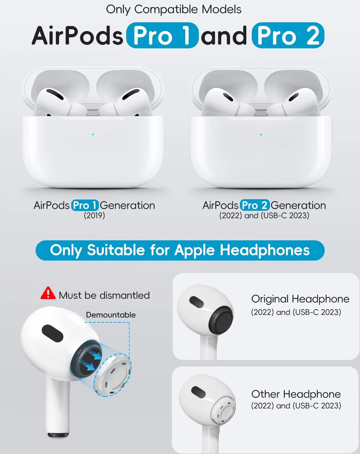 4 pary zamiennych zatyczek do uszu do AirPods Pro 2nd/1. generacji, z otworem do redukcji szumów, do czyszczenia i organizatora