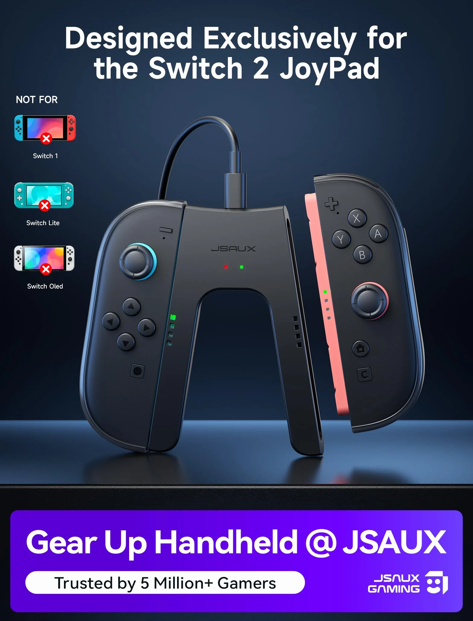 JSAUX ergonomiczny uchwyt ładujący kompatybilny z konsolą Nintendo Switch 2, magnetyczny uchwyt kompatybilny z kontrolerami JoyCon Switch 2, granie ładowania, wskaźnik LED, kabel 1,5 m/4,9 ft – czarny