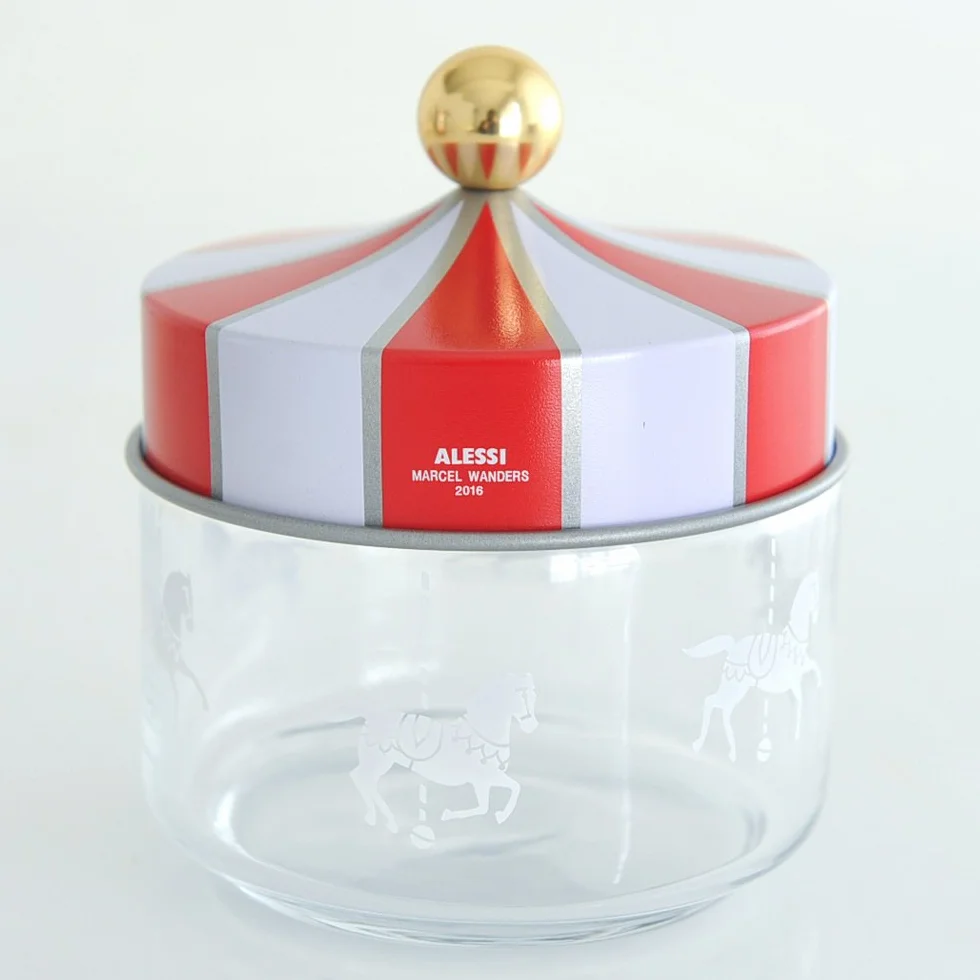 Alessi Circus MW30/50 - naczynie kuchenne na designerskie artykuły spożywcze, szkło z nadrukiem na ekranie z pokrywką z tasiemką, 50 cl