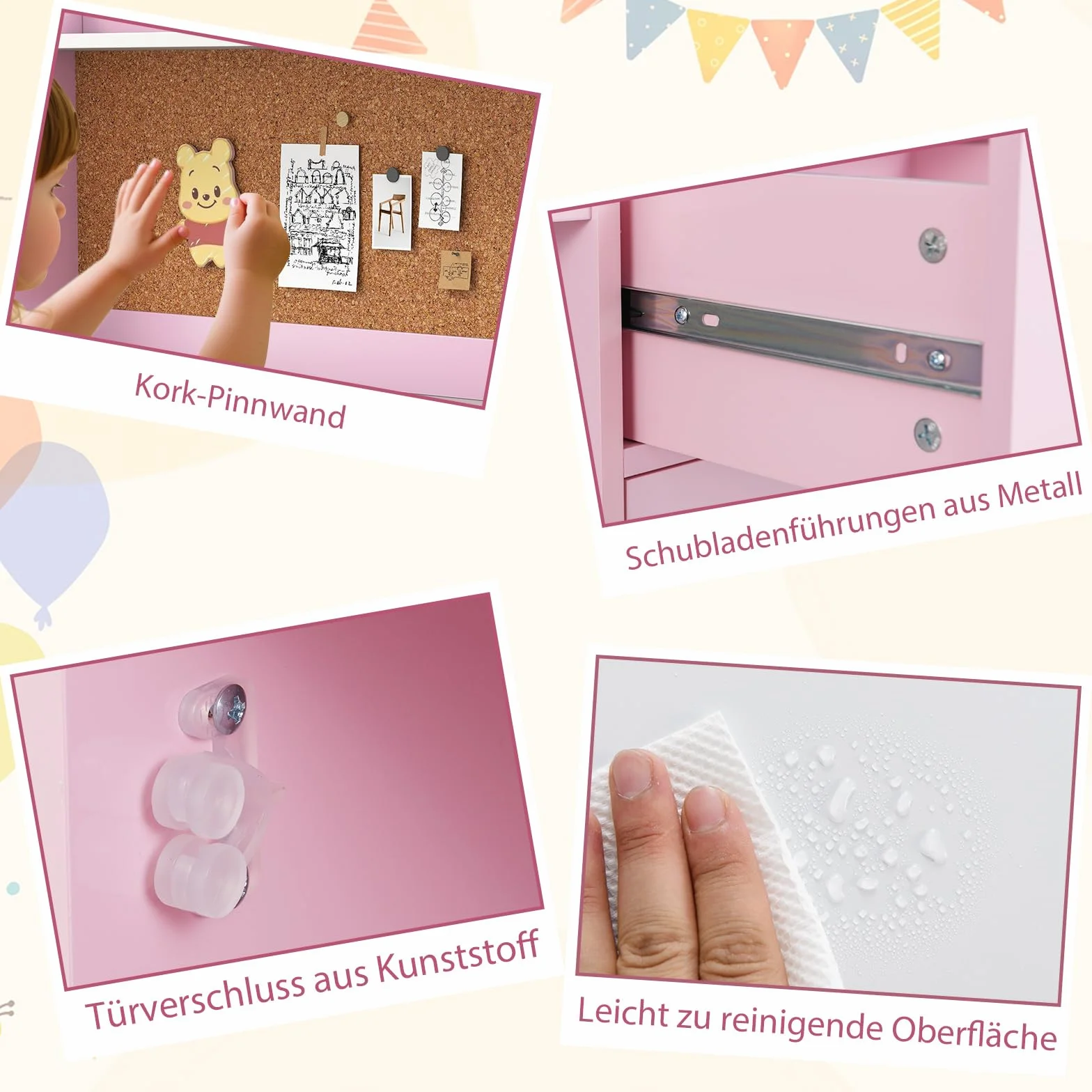 COSTWAY Biurko dziecięce z krzesłem, drewniane biurko z półkami, szufladami i szafką, biurko młodzieżowe do pokoju dziecięcego, stół edukacyjny dla chłopców, dziewczynek od 3 lat (różowa)