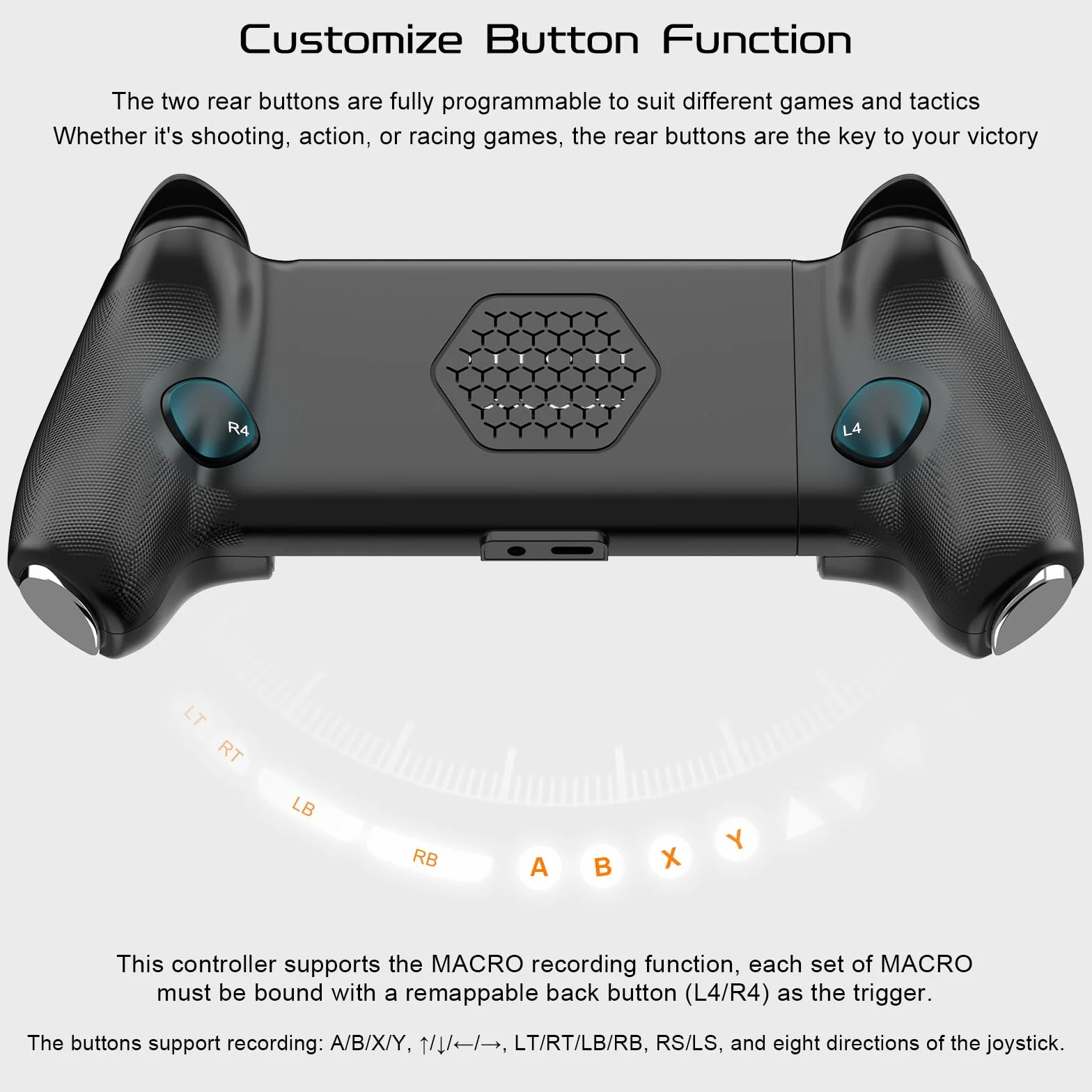 Joso Kontroler telefonu iPhone 15/16 i Android (USB-C), pilot do gier do konsoli PS5/PS4/Xbox, Joysticki Halla Effect, 2 przyciski do mapowania, gniazdo audio 3,5 mm