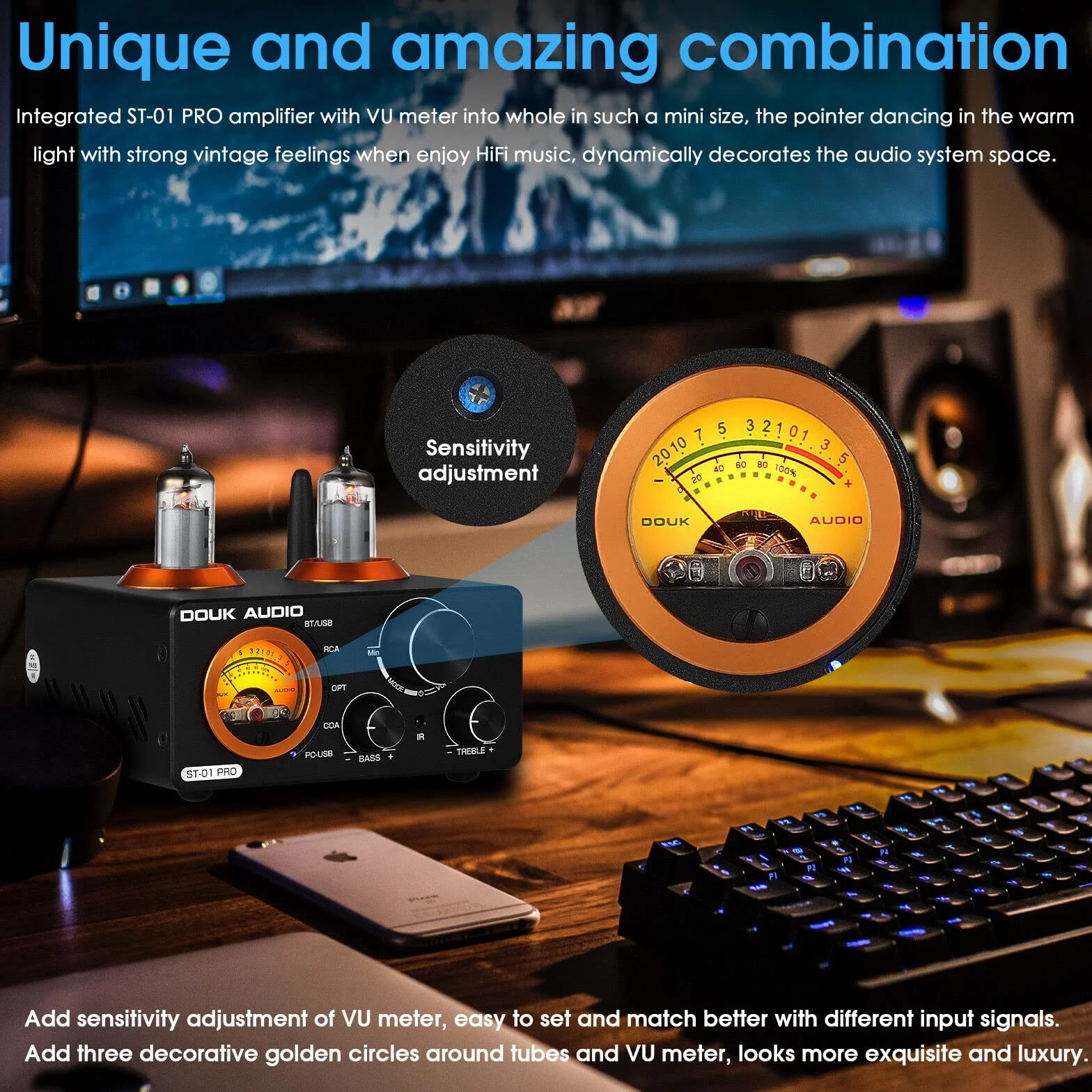 Douk Audio ST-01 PRO wzmacniacz HiFi, 200W mini wzmacniacz lampowy z Bluetooth 5.0, miernik VU, DAC USB wejście koncentryczne/optyczne (ST-01PRO)