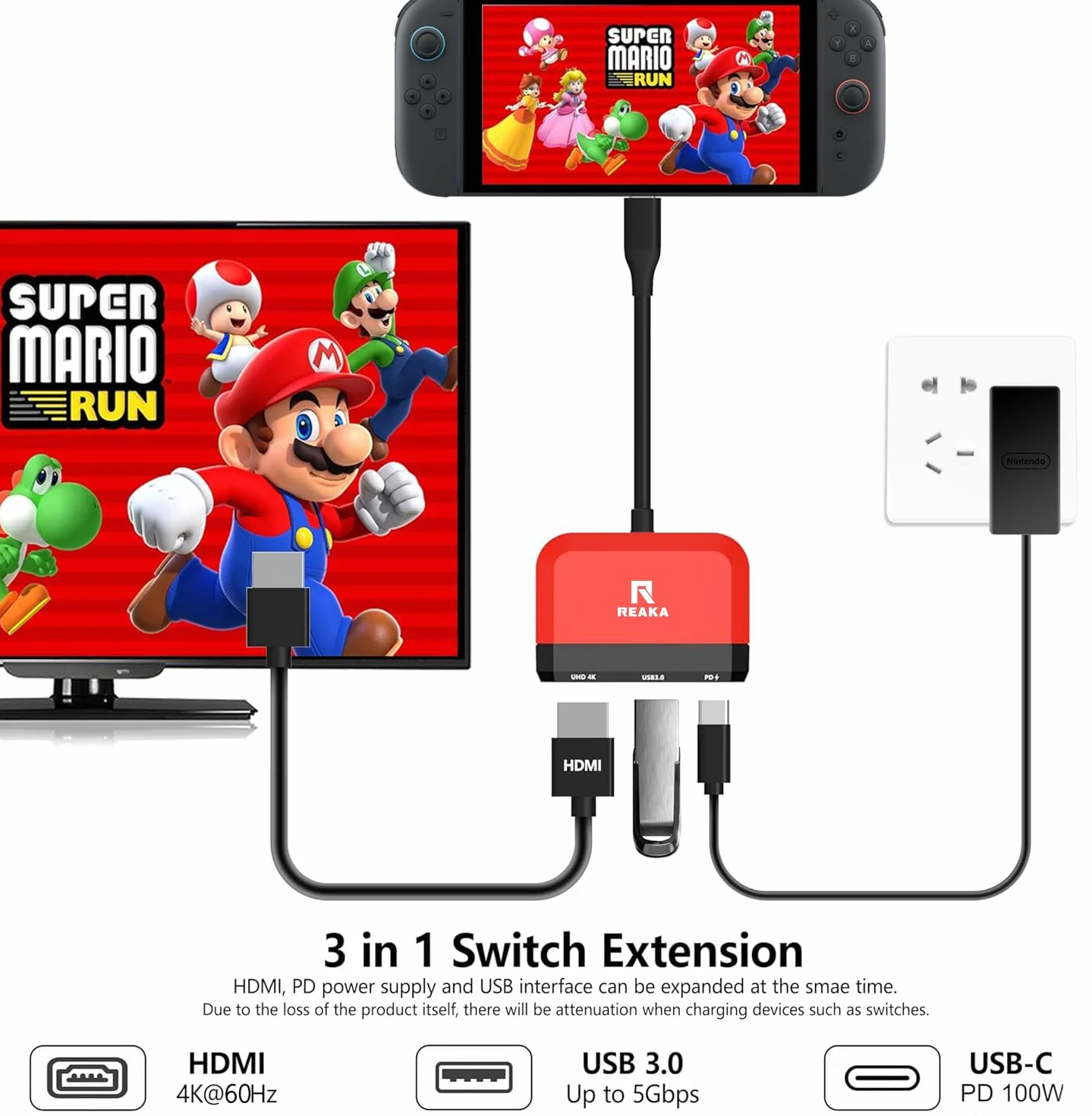 RREAKA Switch Dock for Nintendo Switch OLED, 3 in 1 TV Adapter with 4K HDMI, USB 3.0, 100W Type C Charging