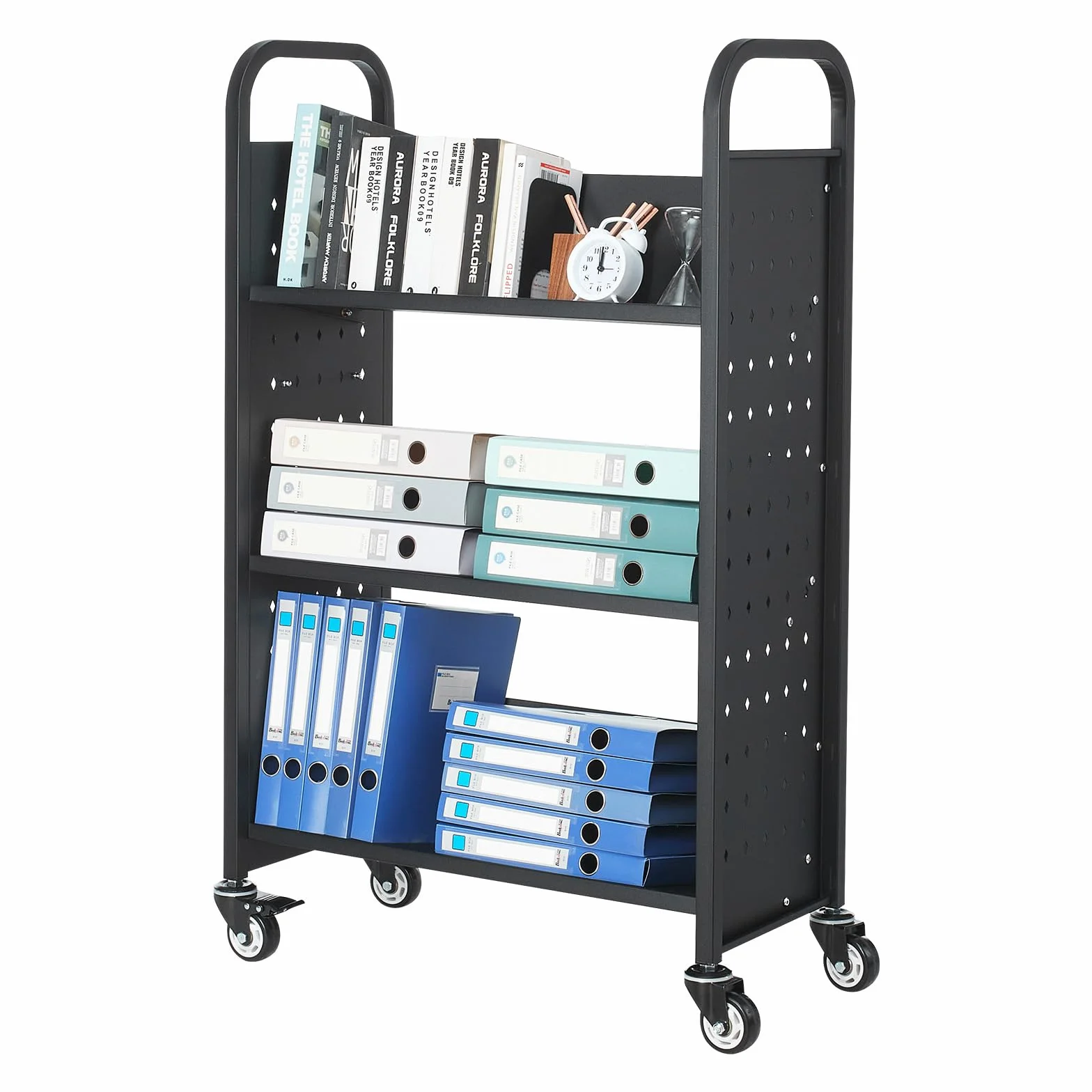 VEVOR Koszyk na książki z biblioteką na kółkach, pojemność 150 kg, wózek biblioteczny 30 x 15 x 48 cm, jednostronne półki w kształcie litery V z 3-calowymi zamykanymi kółkami, ciężarówka na półki